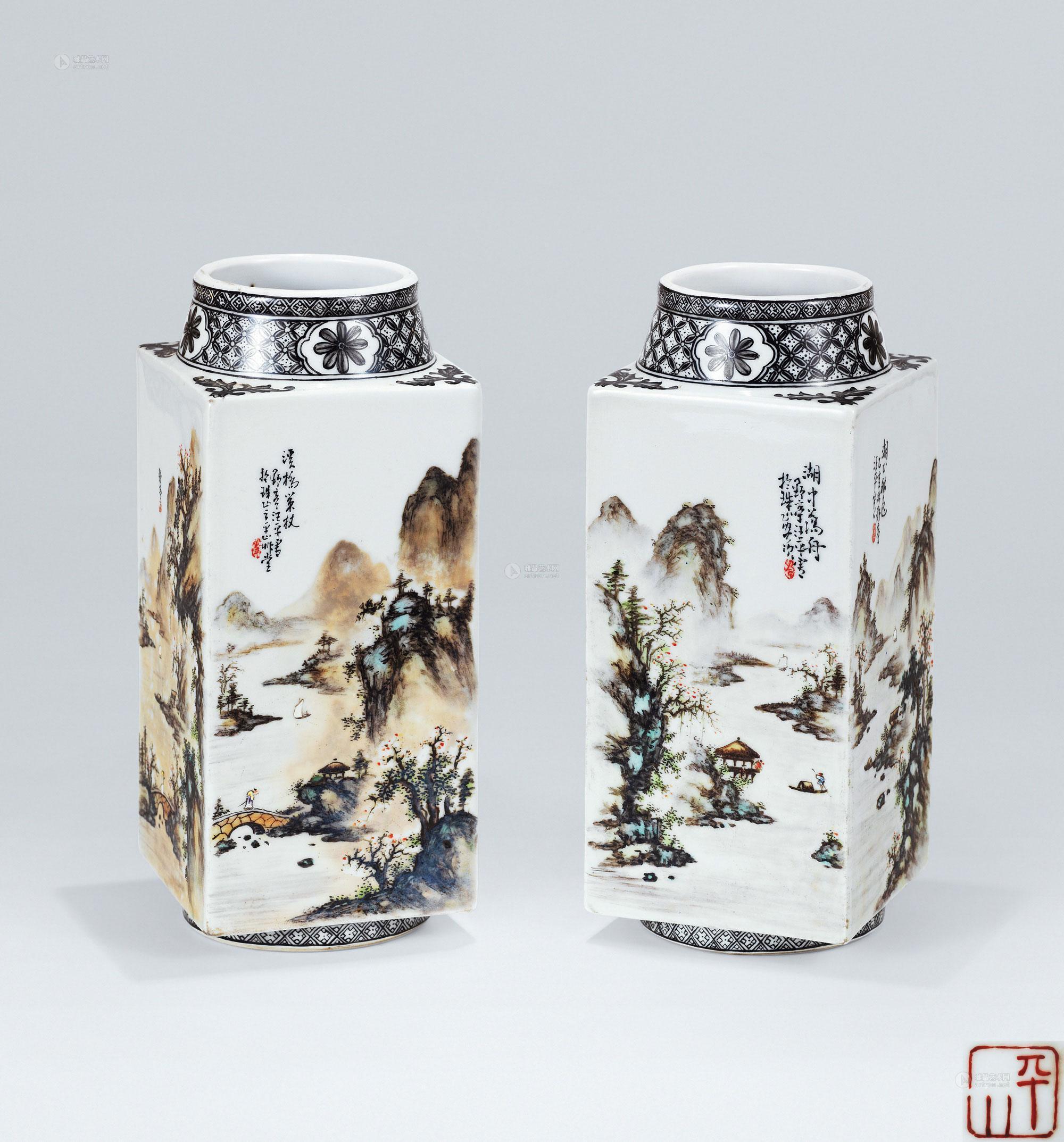 汪野亭 粉彩山水图四方瓶 (一对)拍品分类陶瓷>现当代及其它瓷器尺寸