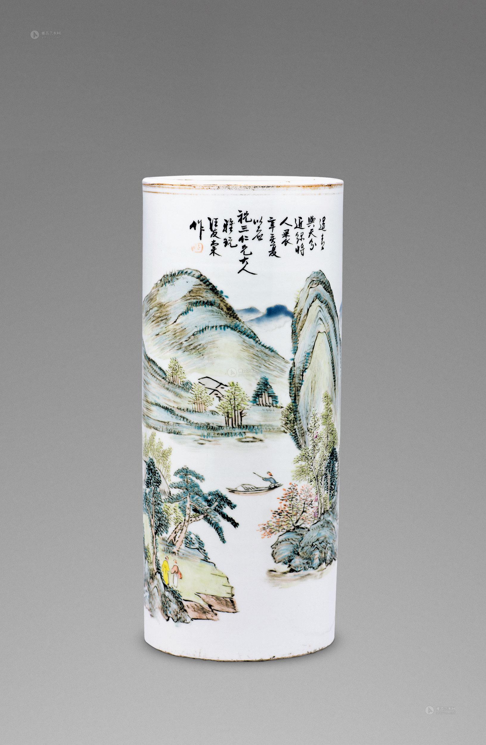 清 汪友棠 浅绛山水帽筒