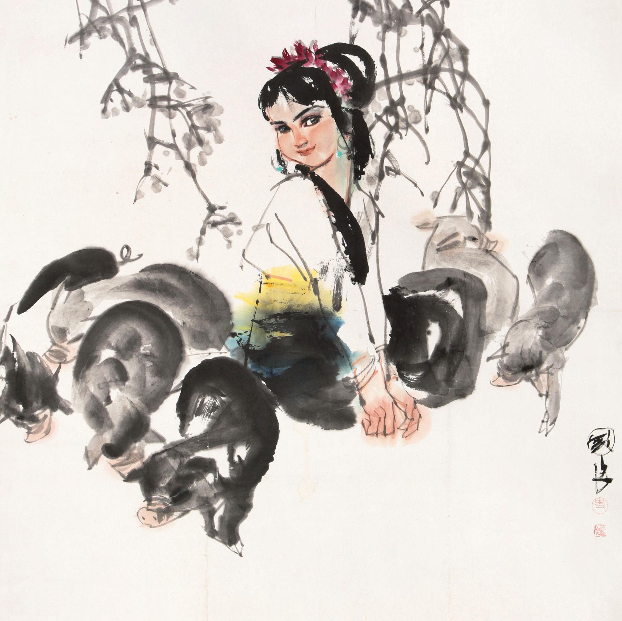 史国良 饲猪图 镜心