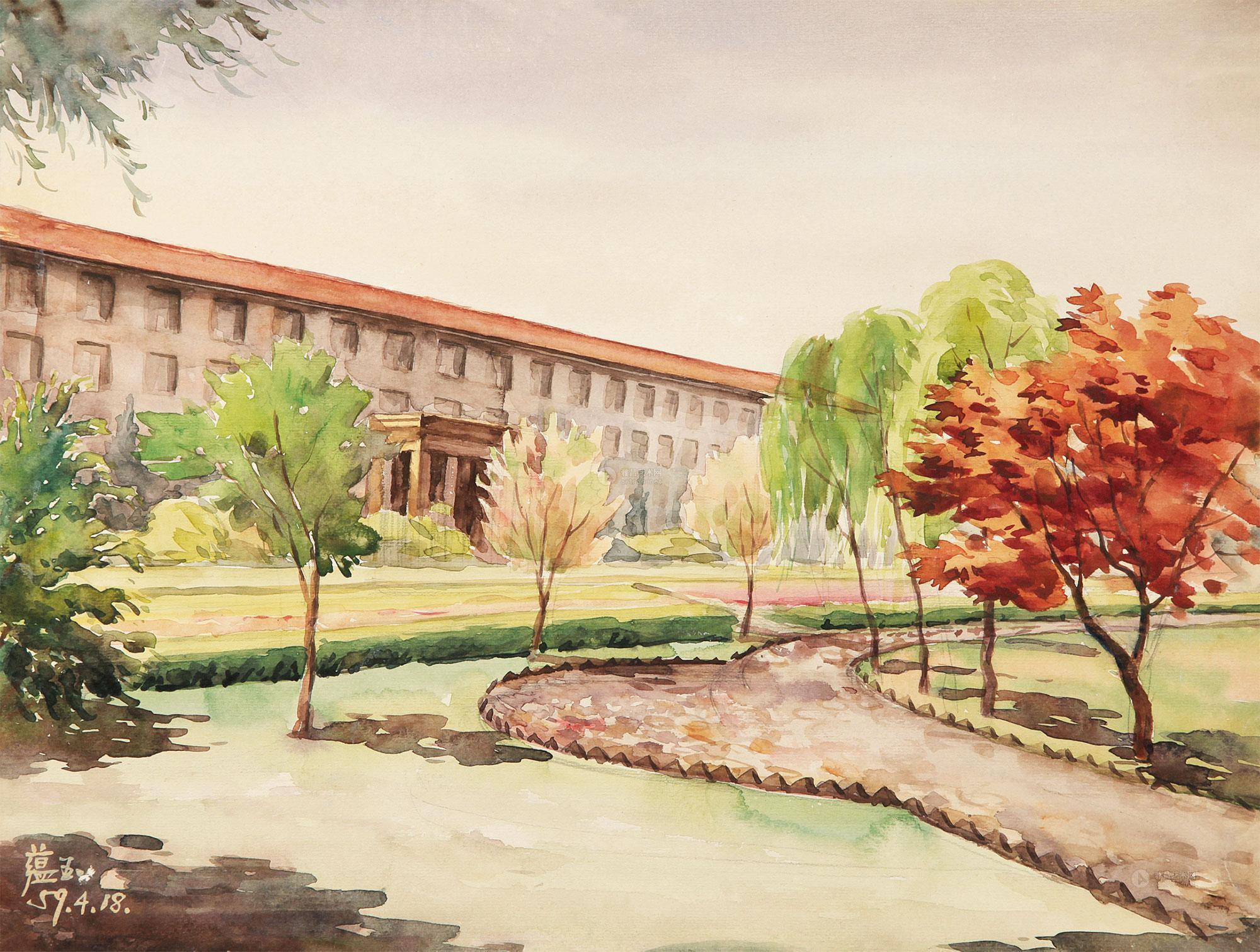 1959年作 西安交通大校园作者唐蕴玉拍品分类西画雕塑>水粉水彩创作