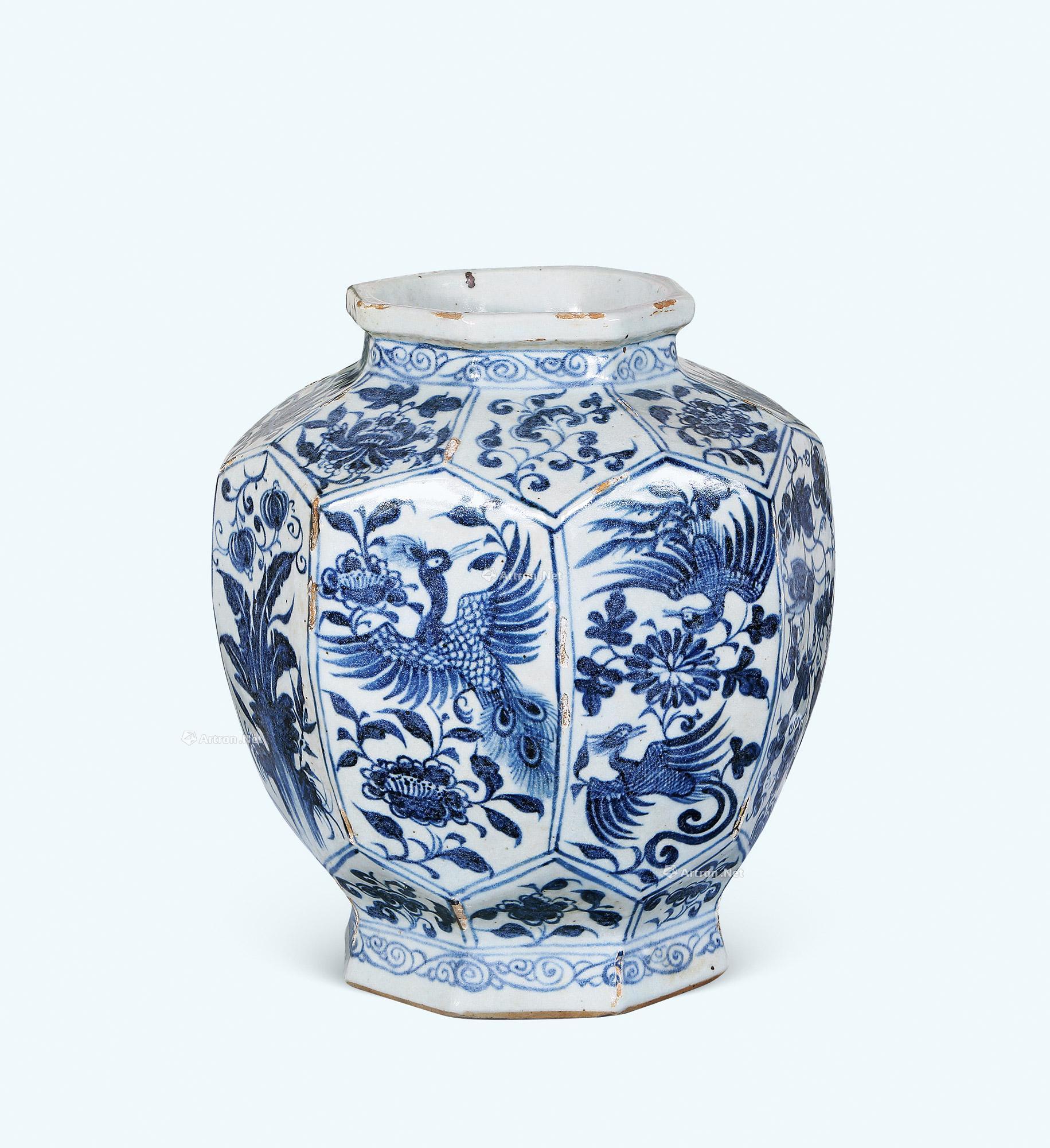 元代 青花花鸟纹八角罐