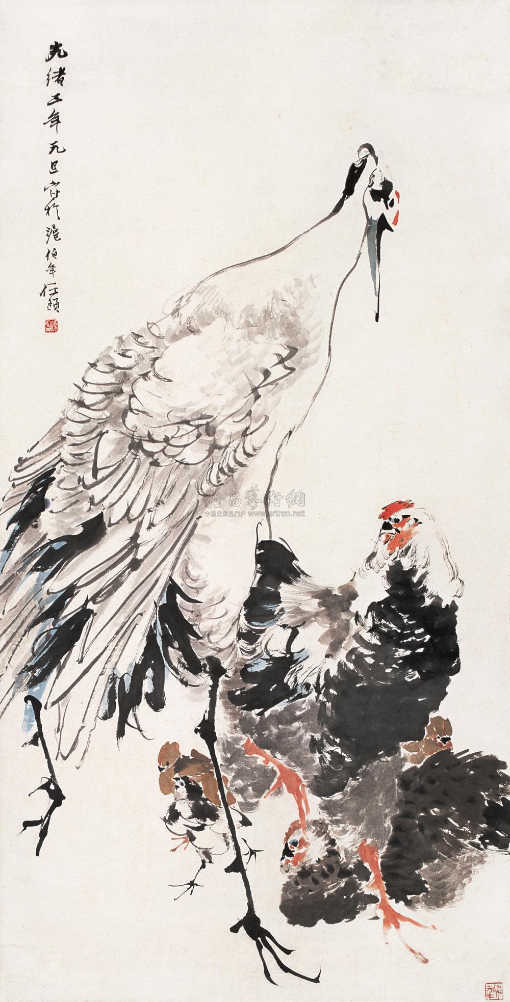 *0449 光绪3年(1877年)元旦作 花鸟画《鹤立鸡群图》 立轴 纸本
