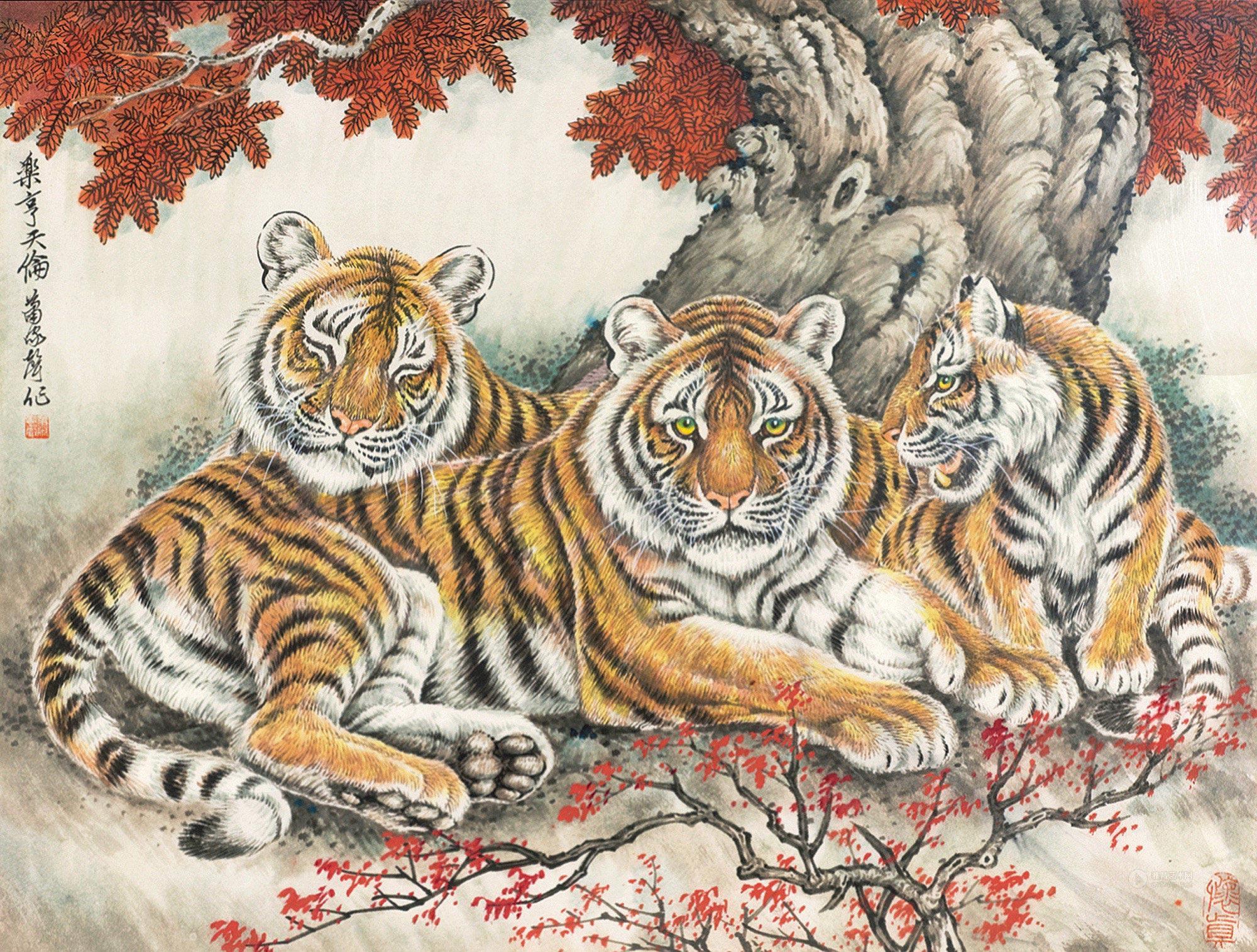 声 三虎图 镜框作者萧家声拍品分类中国书画>绘画尺寸33×45cm估价rmb