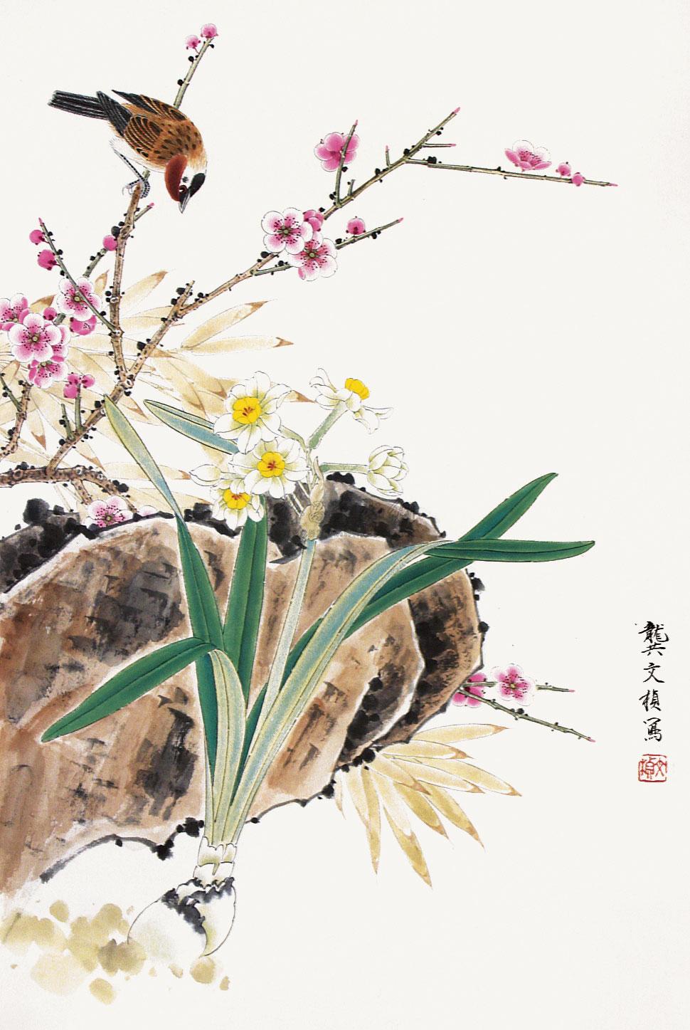 龚文桢 水仙梅花 立轴