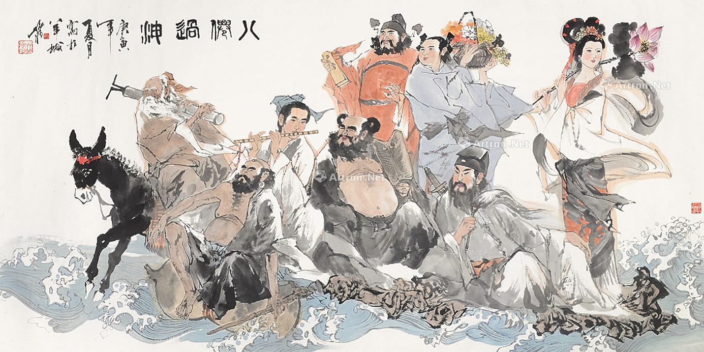 0814庚寅2010年作八仙过海镜片设色纸本