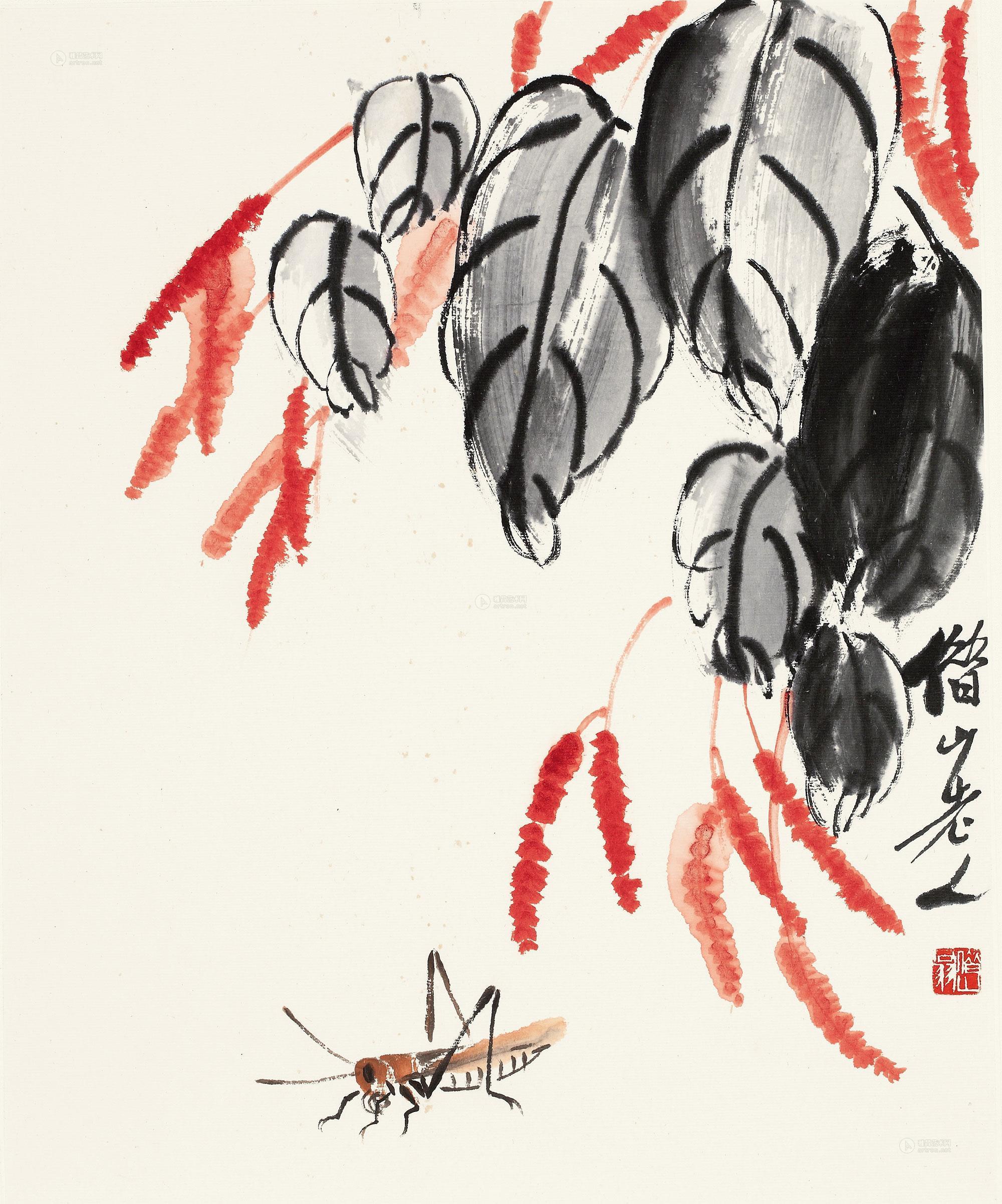 齐白石 红蓼蚂蚱 镜心