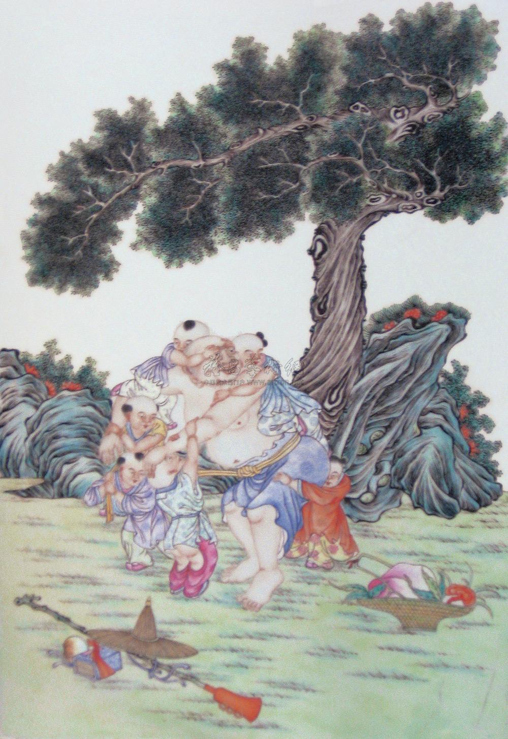 民国 粉彩童子戏弥勒瓷板