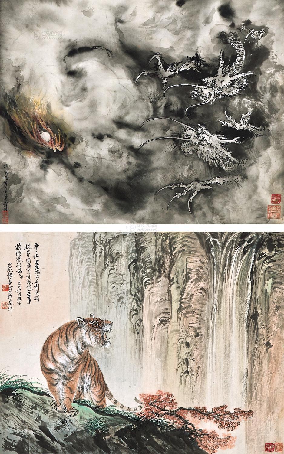 16851929年作1930年作虎龙两幅镜框设色纸本