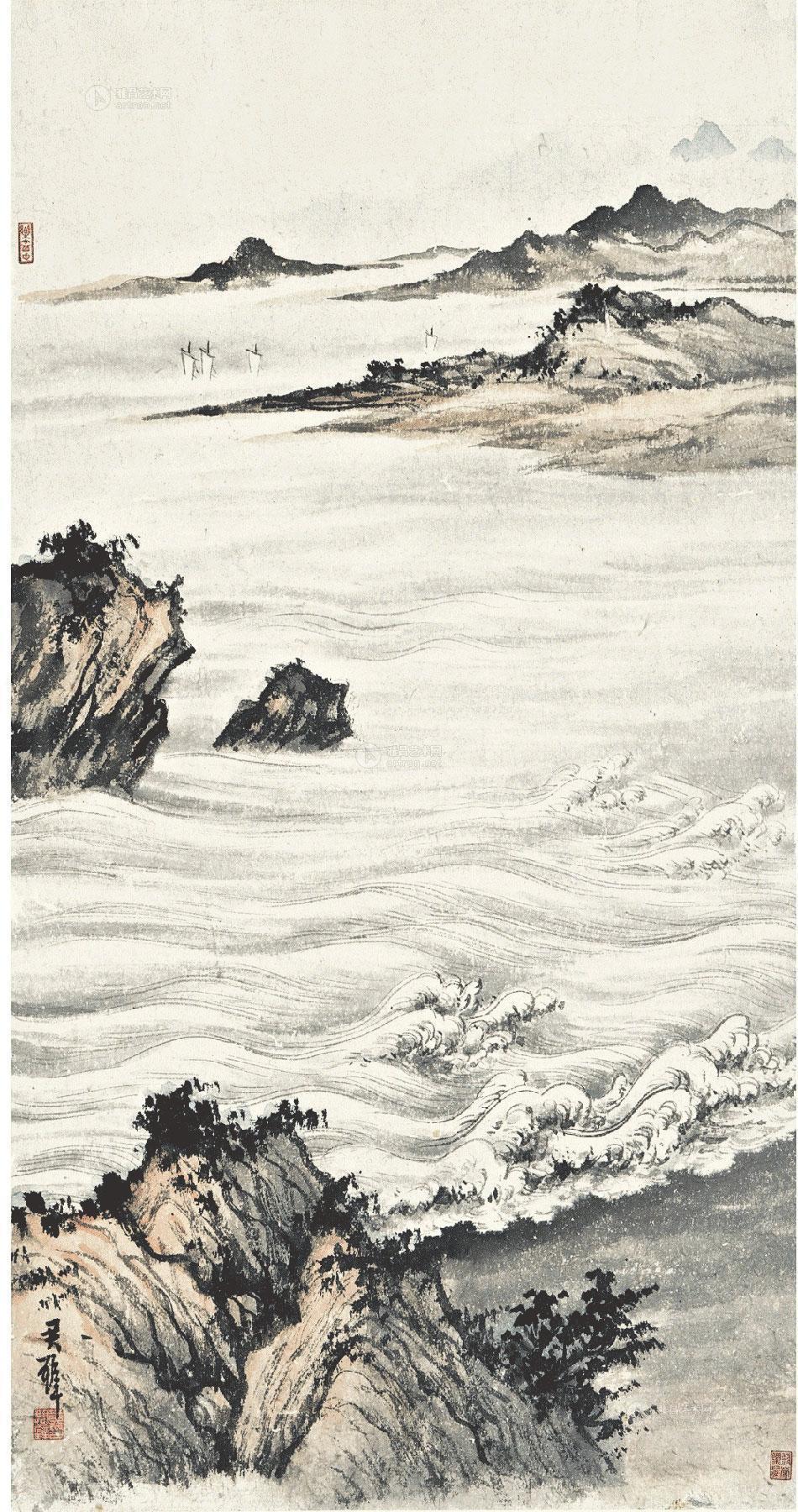 黄君璧 浪涛拍岸 立轴