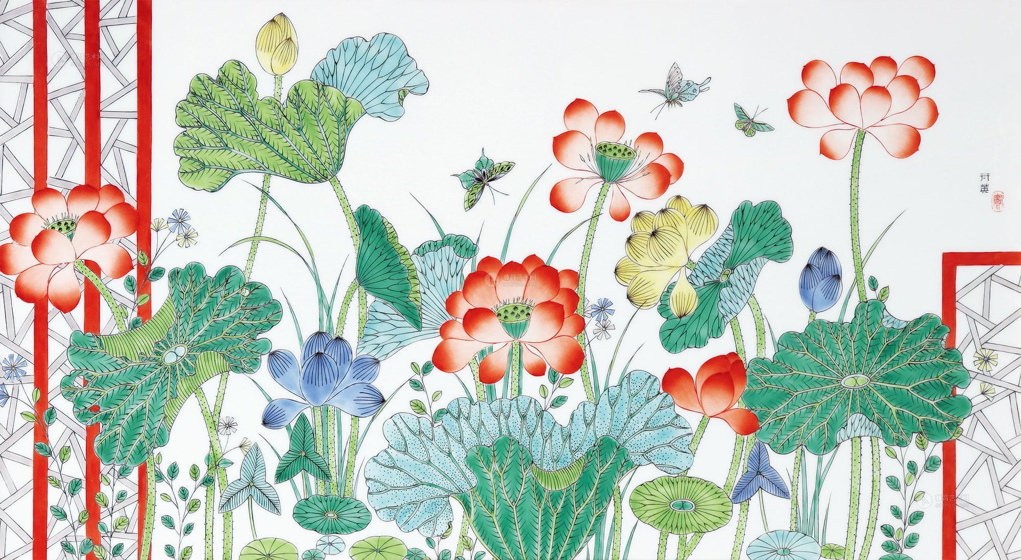 2013年作 窦衍英 古彩 浓妆美笑面相偎 瓷板成交价