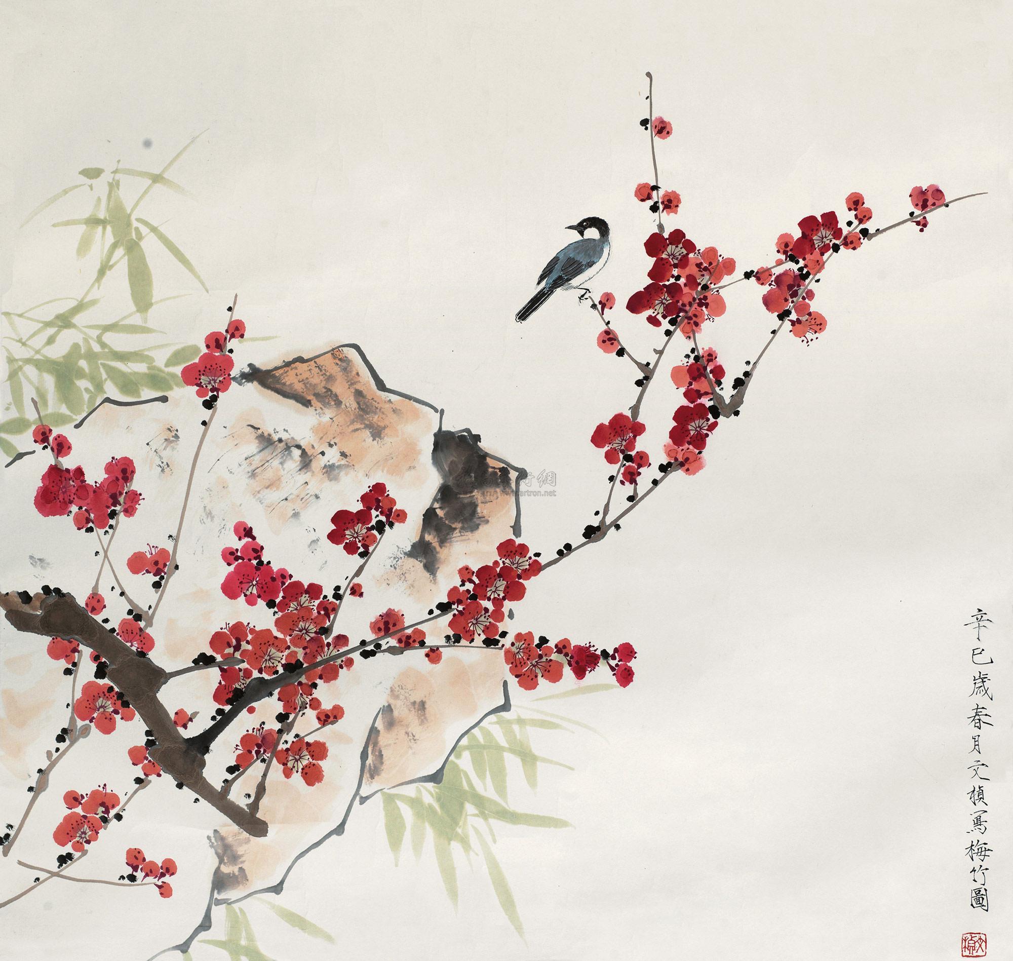 01072001年作喜上眉梢镜心设色纸本