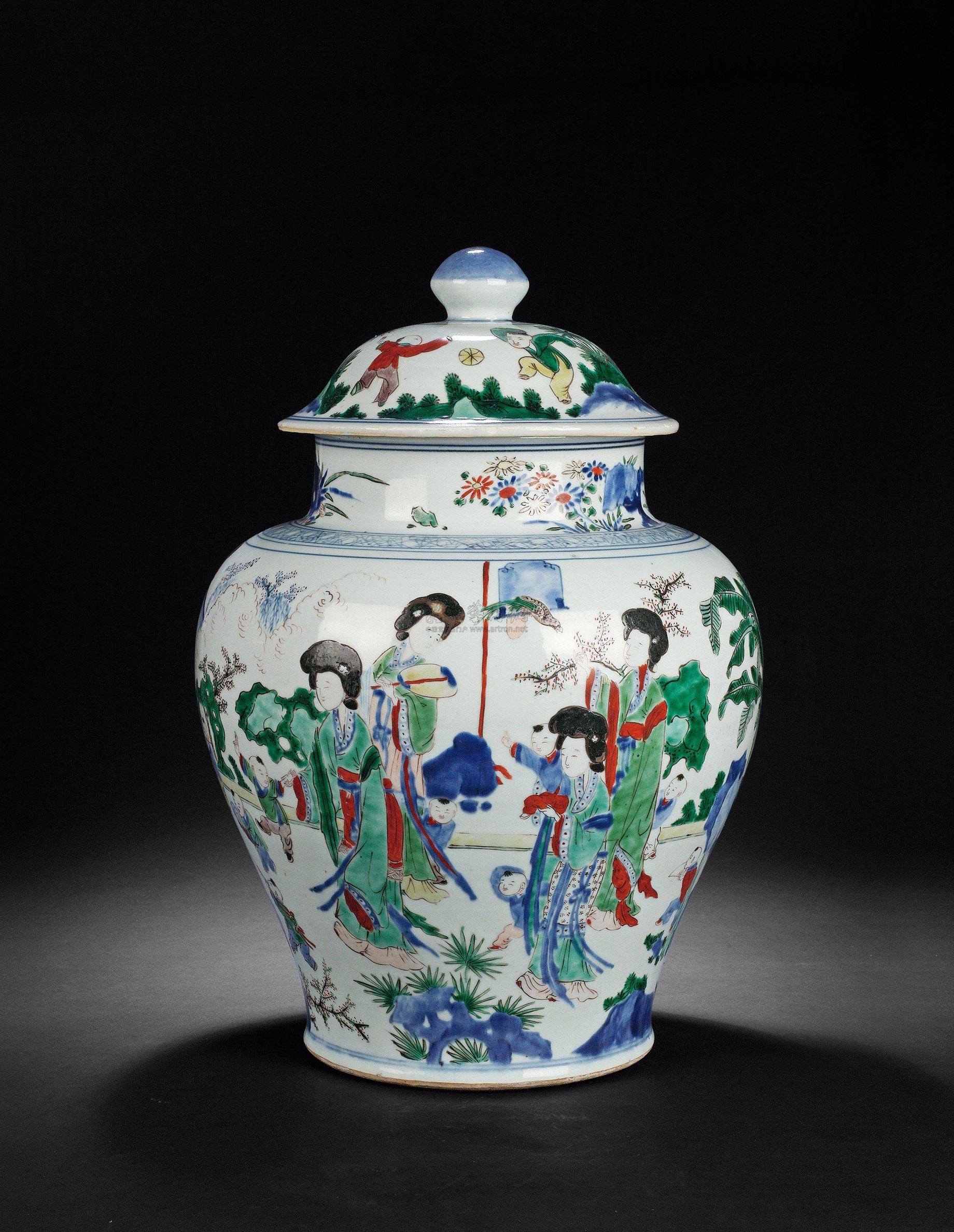 青花五彩四妃十六子大将军罐拍品分类陶瓷>清代五彩瓷器创作年代清