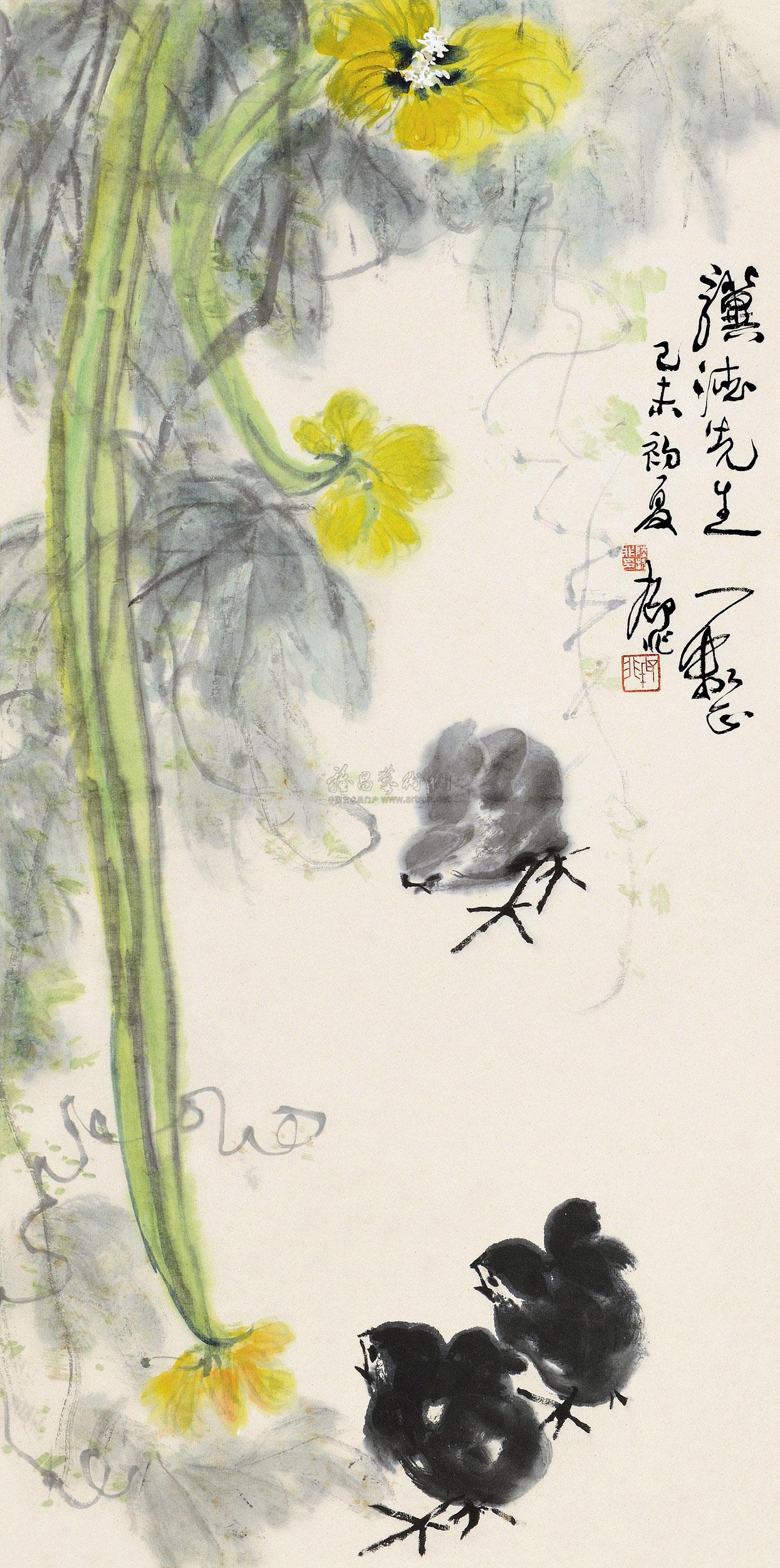 陆抑非 己未(1979)年作 丝瓜小鸡 立轴