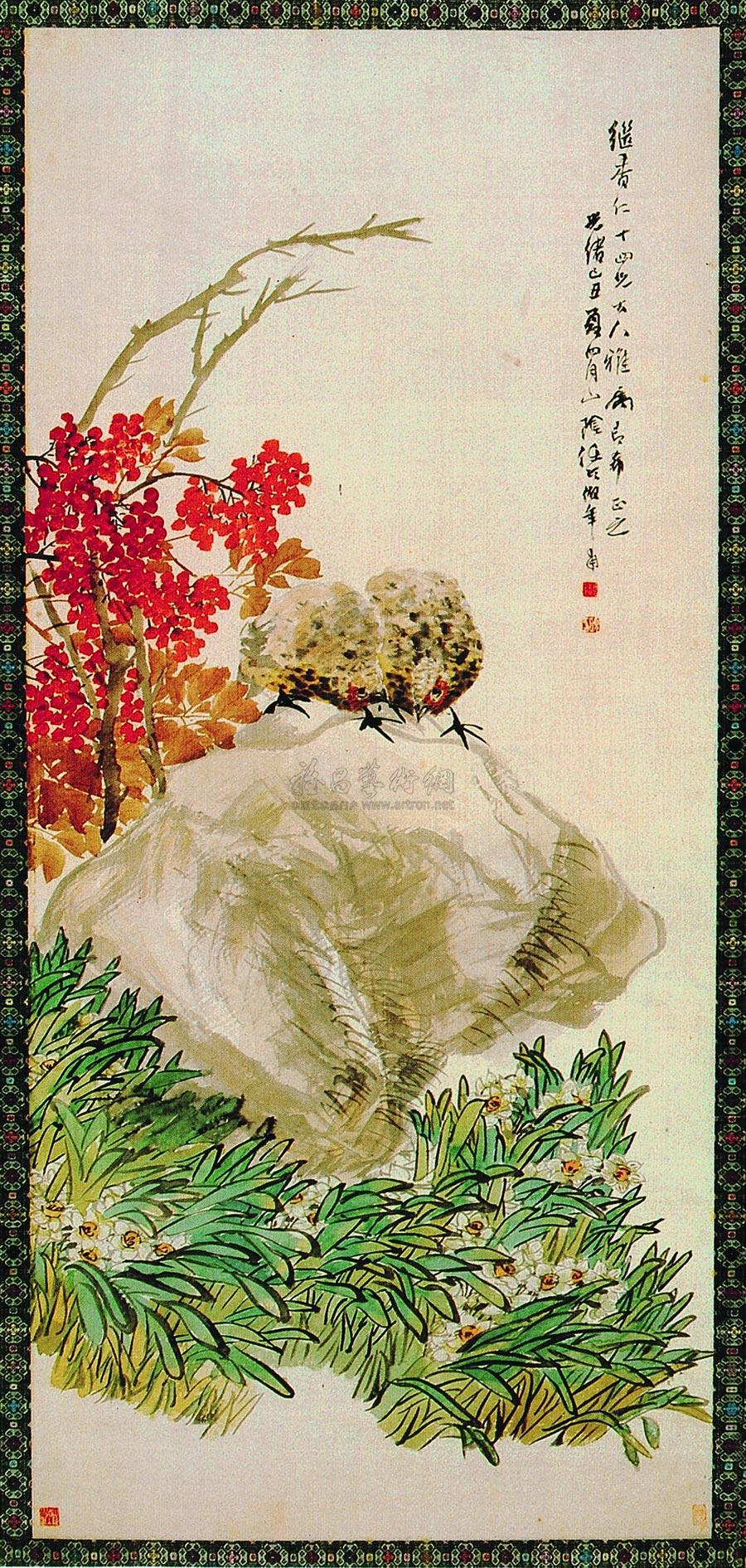 任伯年 天竺水仙双鸡 立轴