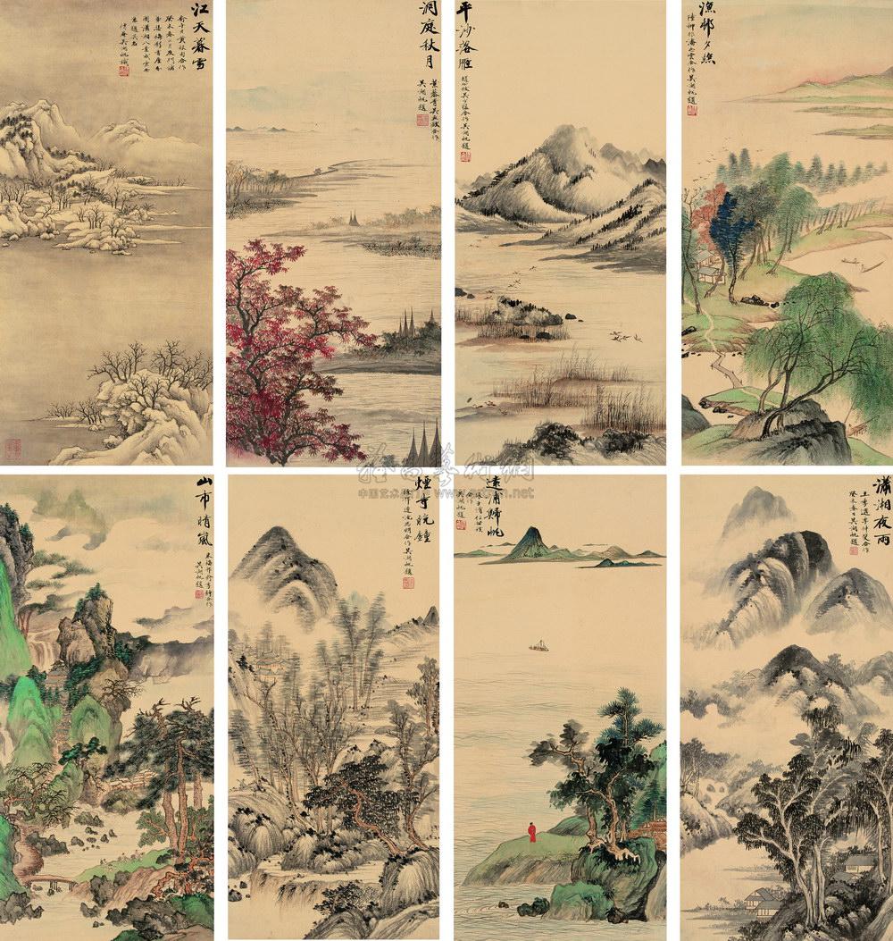 02401943年潇湘八景八件屏轴设色纸本