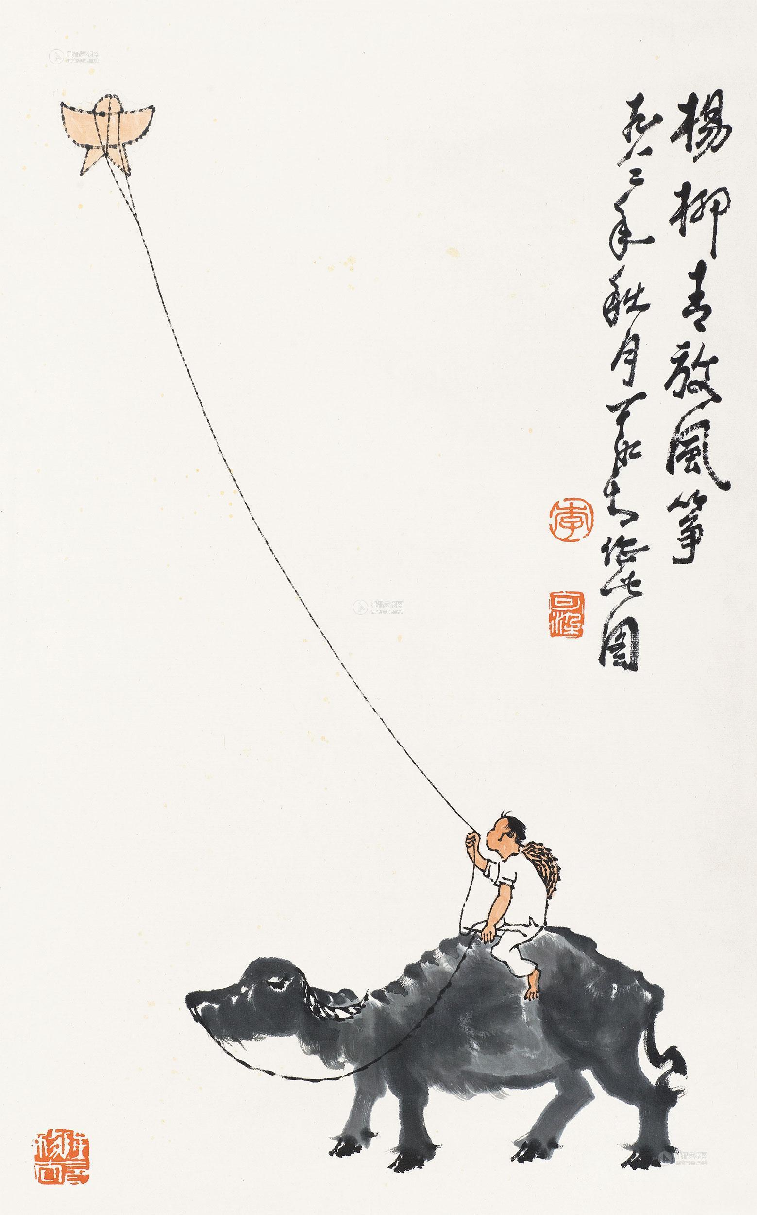 李可染 1982年作 杨柳青放风筝 立轴