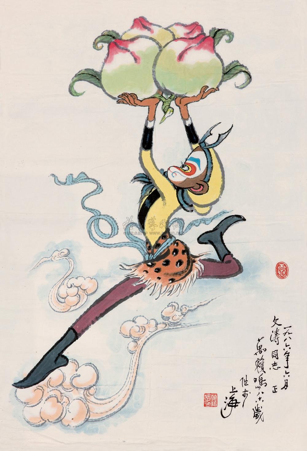 万籁鸣 孙悟空献桃图 镜心