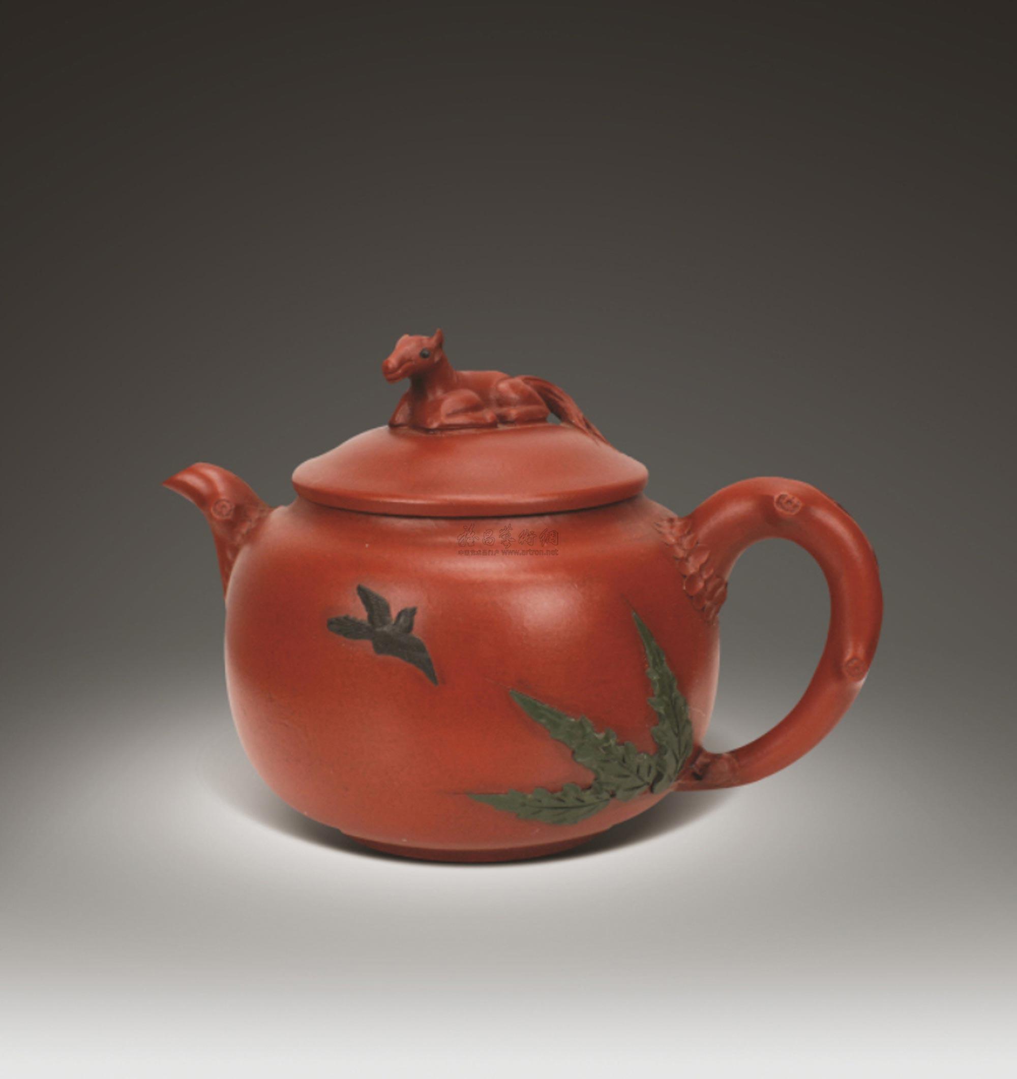 蒋蓉制 紫砂花鸟瑞兽纹茶壶