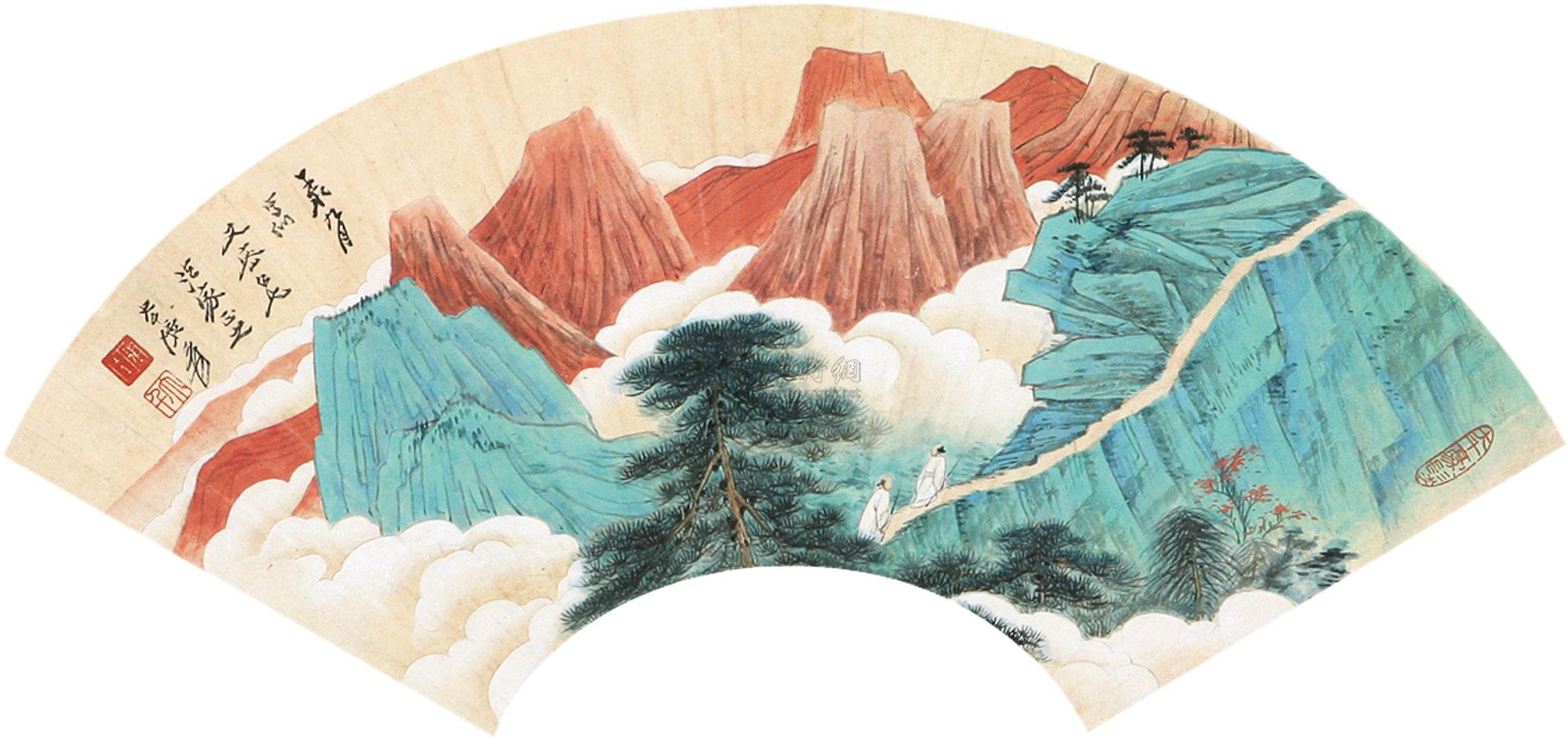 张大千 青绿山水 扇面