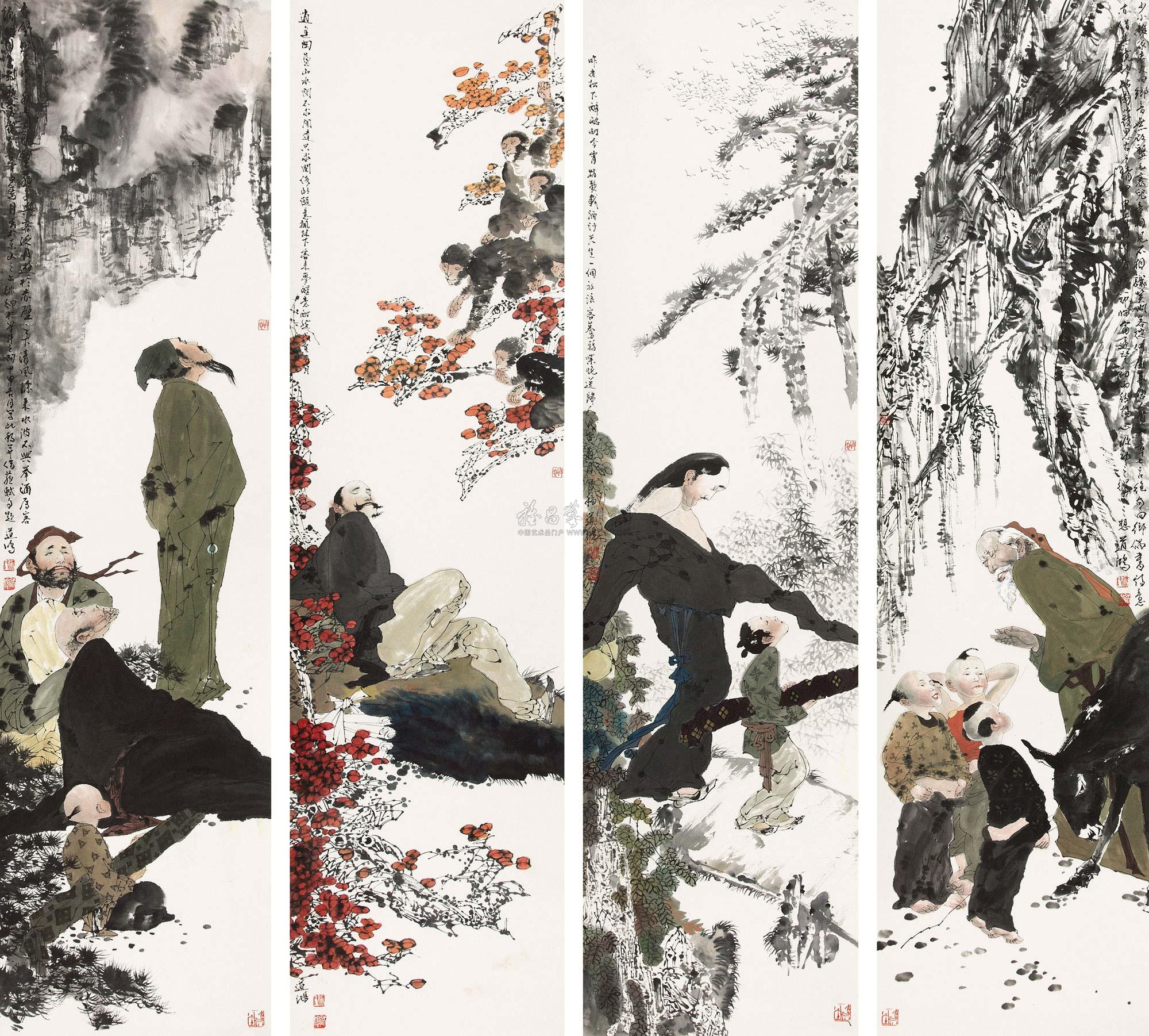 沈道鸿 人物故事 四屏立轴