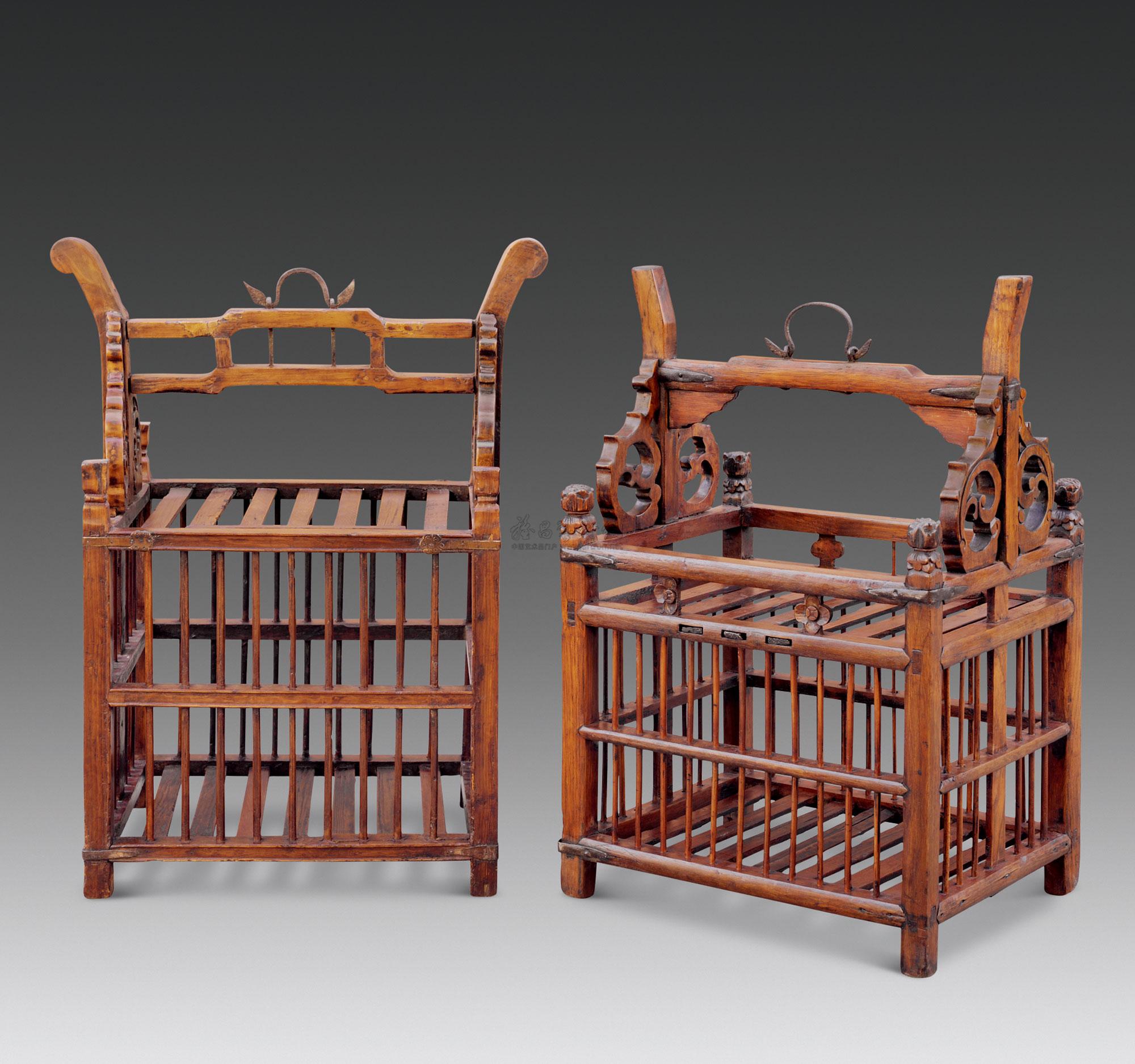 清 榉木斗鸡笼成对