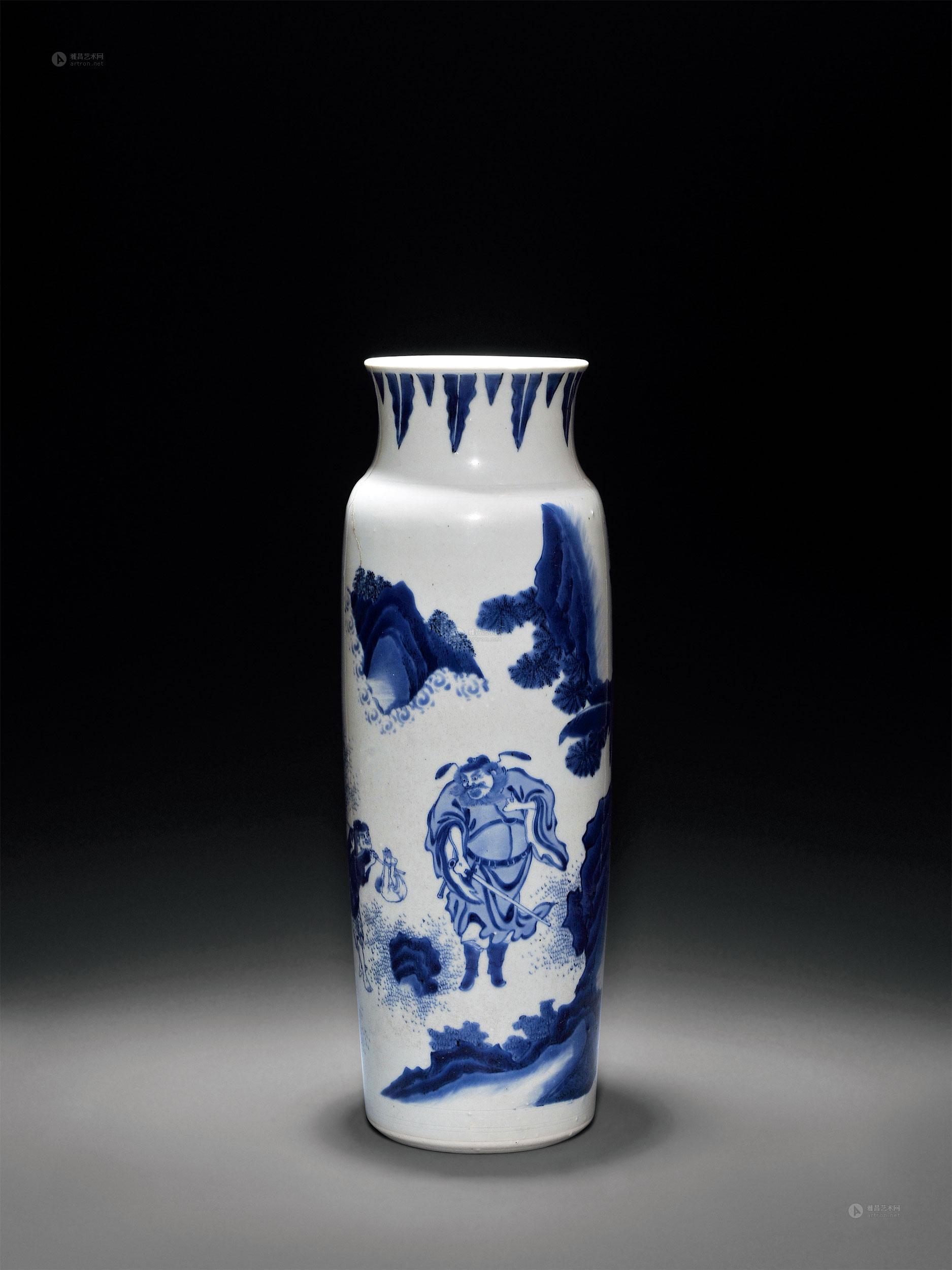 明崇祯 青花钟馗图筒瓶