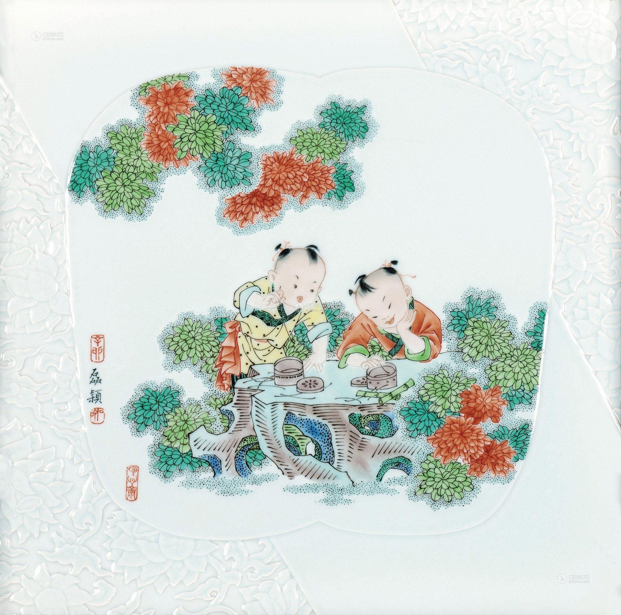 李磊颍 秋声图 古彩瓷板