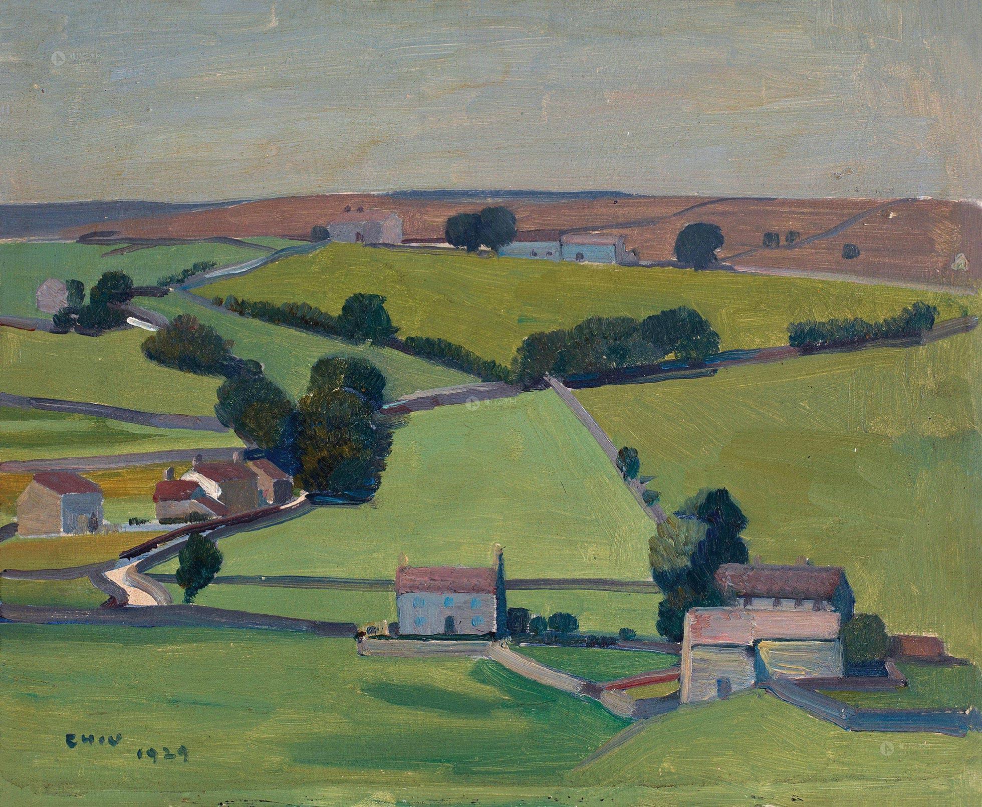 2234 1929年作 稻田风光 木板 油画