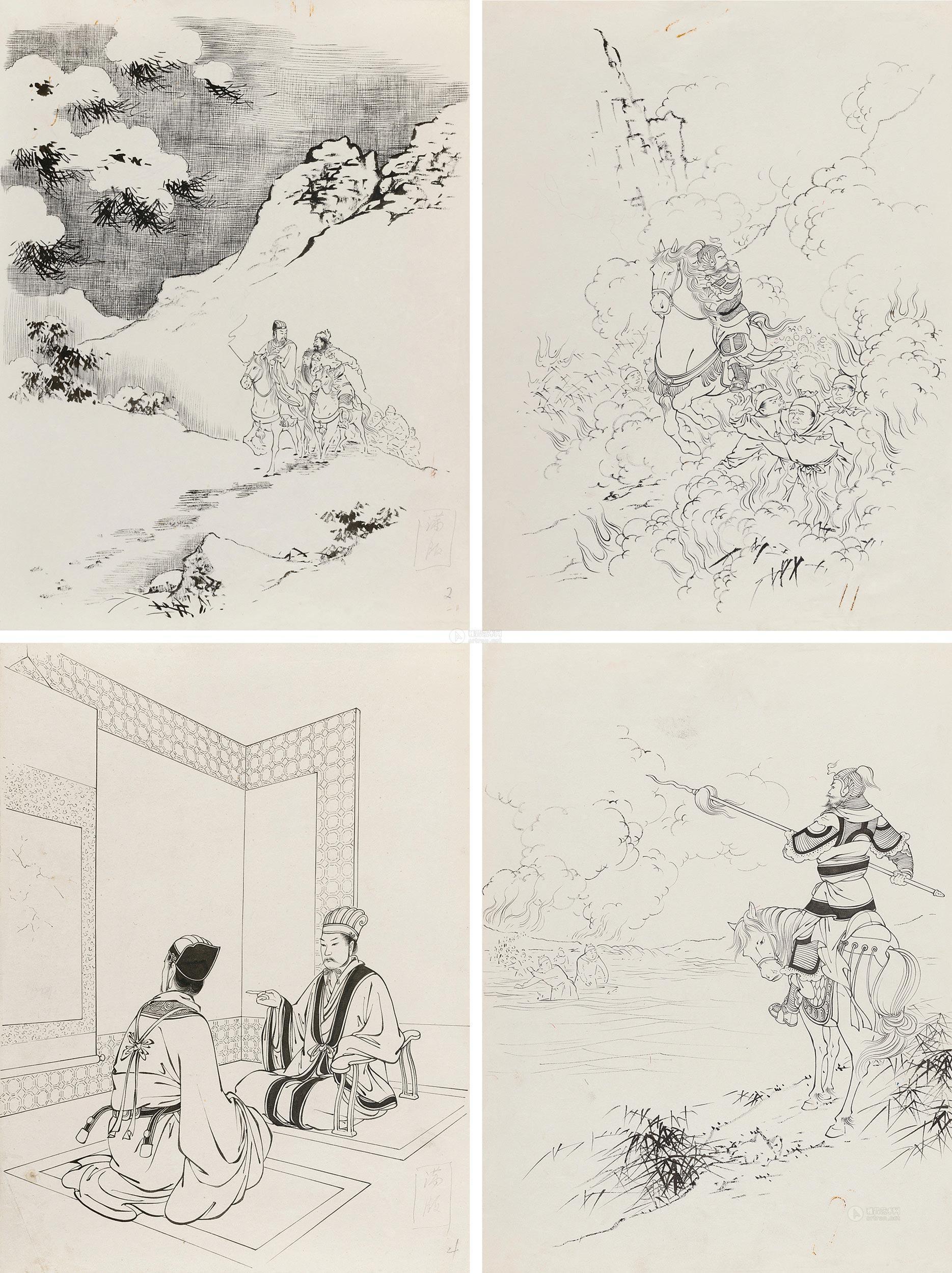 王叔晖 《三顾茅庐》故事插图手稿 镜心