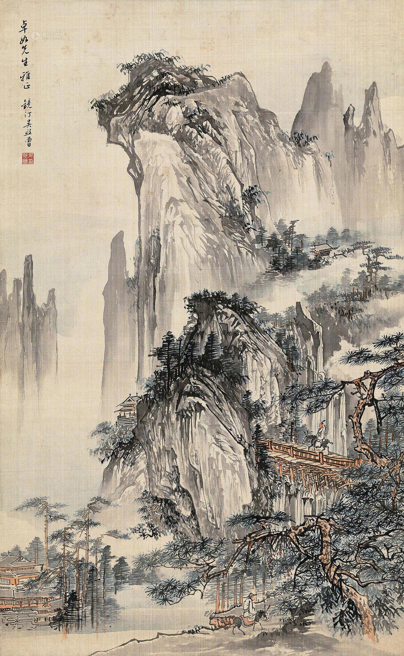 吴镜汀 溪山行旅图 镜心