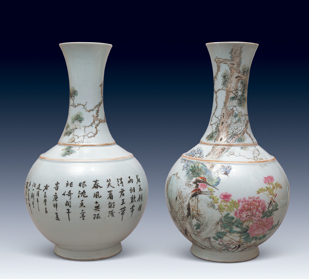 清 马庆云绘浅绛彩花鸟赏瓶 (一对)