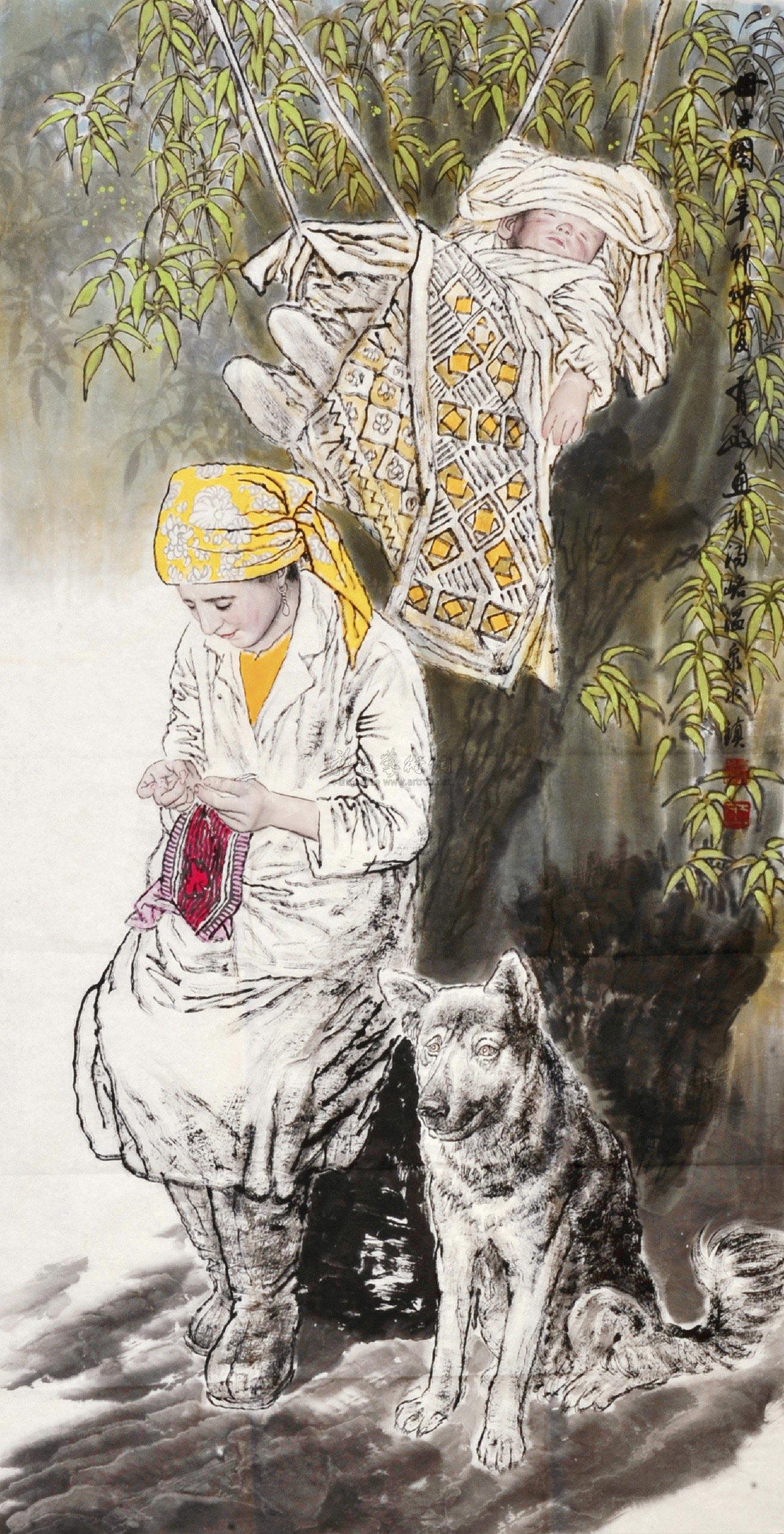 王有政	 母子图	 镜心