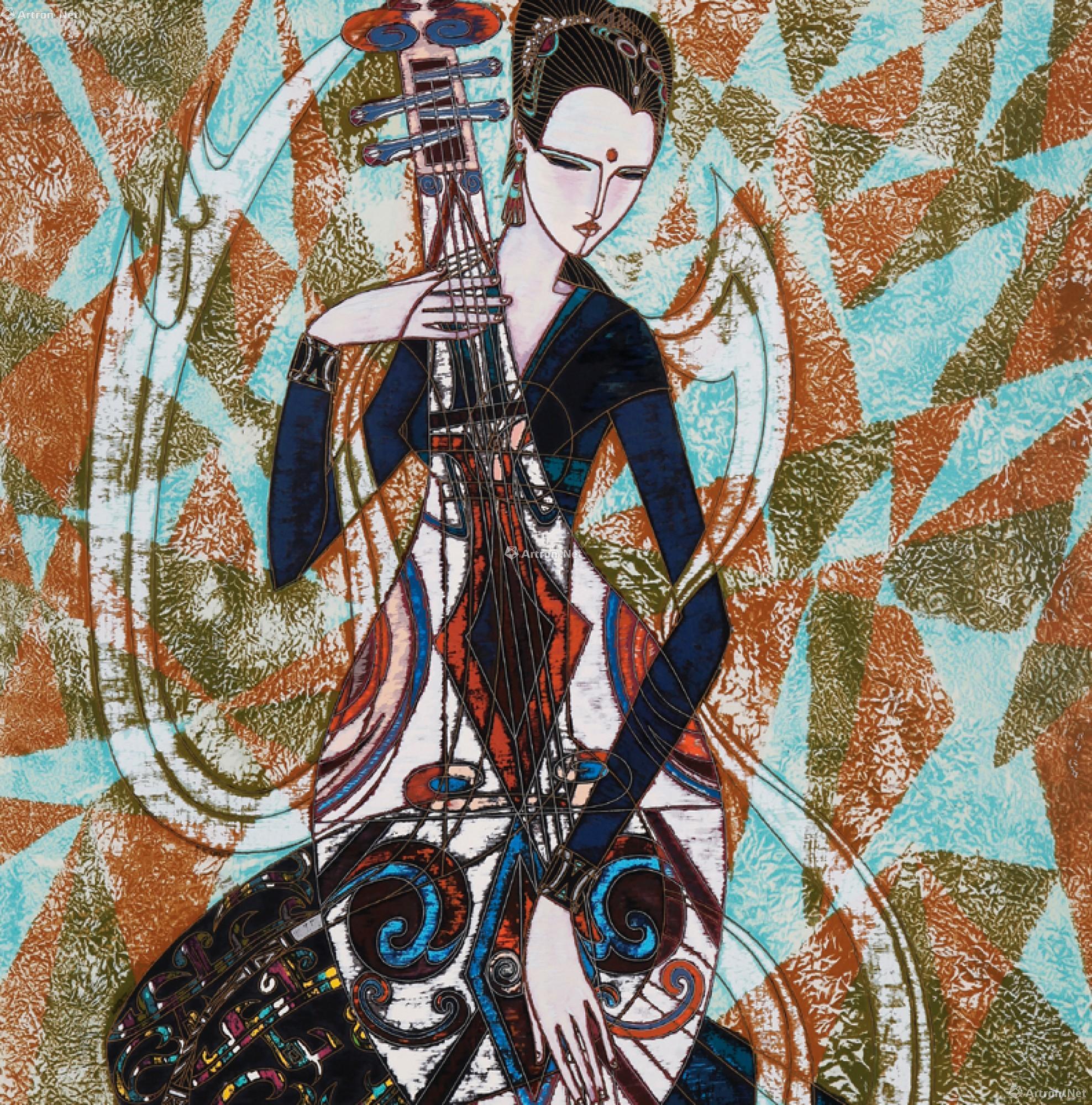 现代丝网版画 丁绍光  抚琴