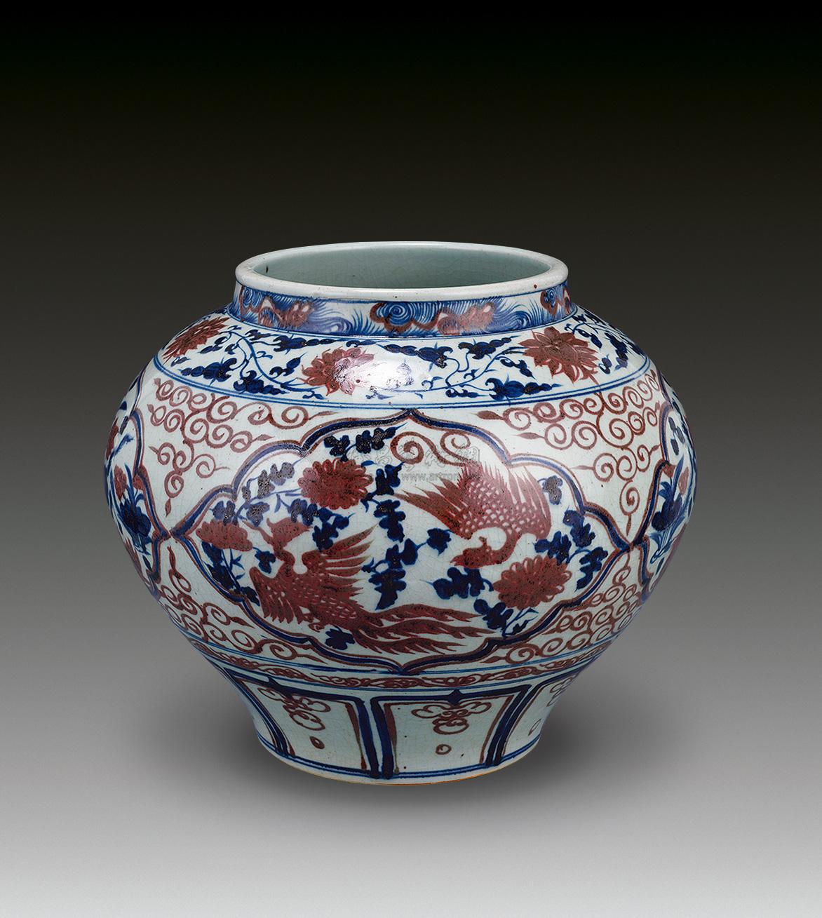 青花釉里红开光花鸟纹大罐