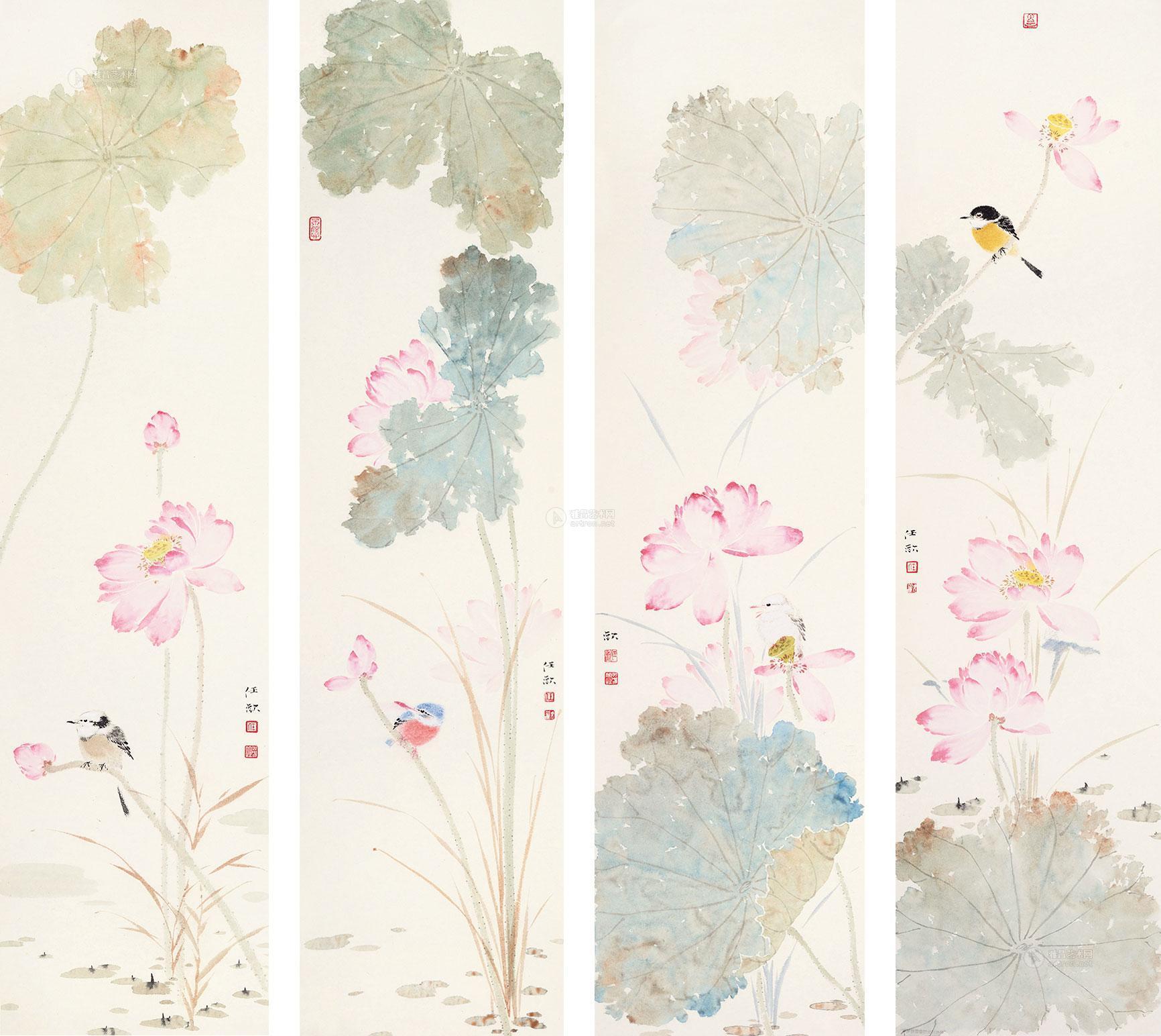 任欢 荷花 四条屏镜心