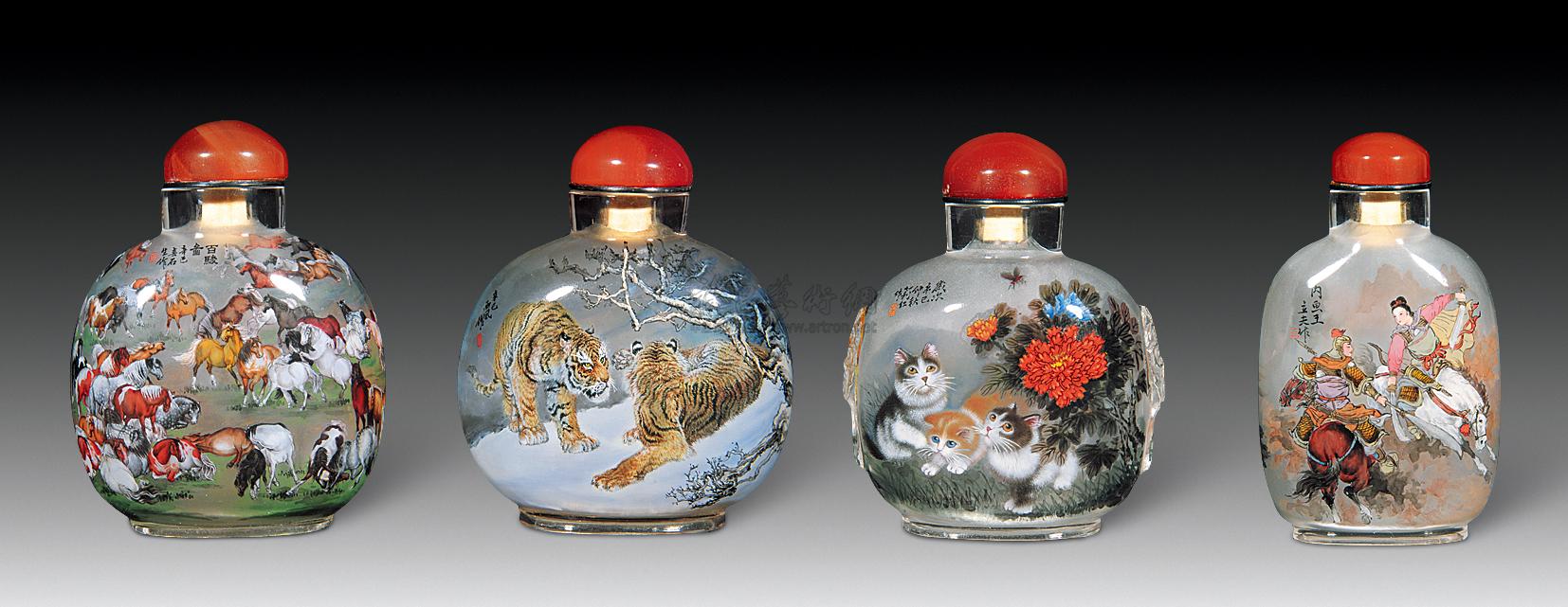 1403石生西风莉红王立夫作玻璃内画鼻烟壶四件