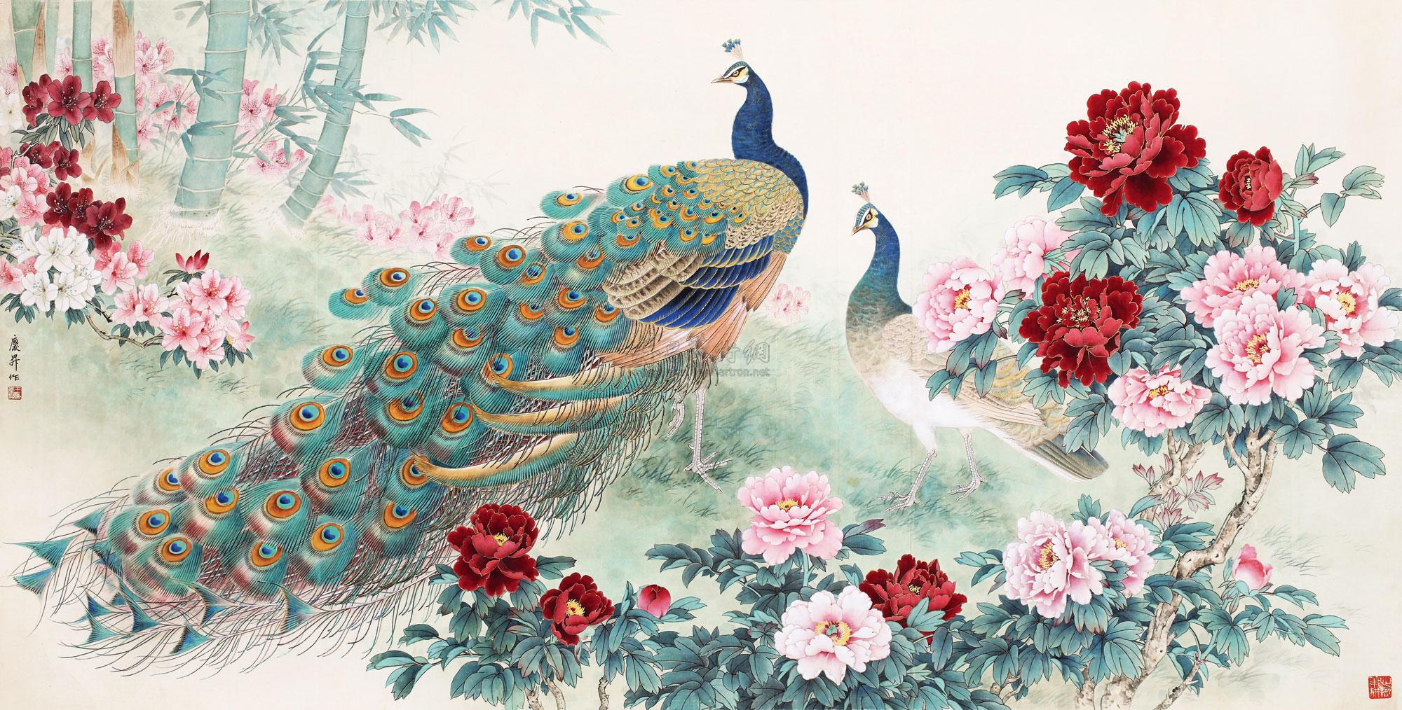 王庆升 孔雀牡丹图 镜片