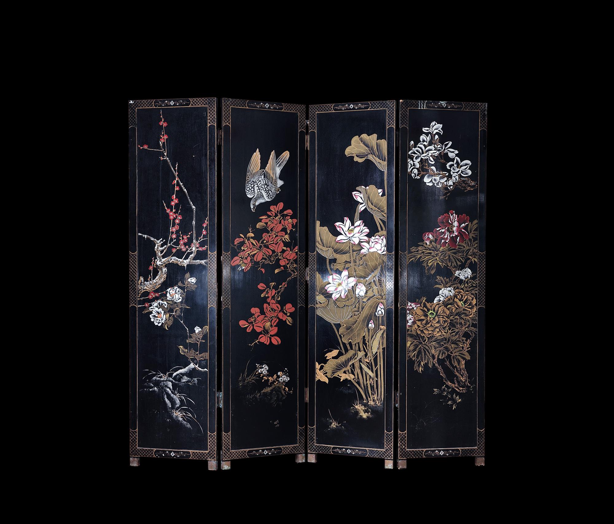 漆木手绘花卉屏风