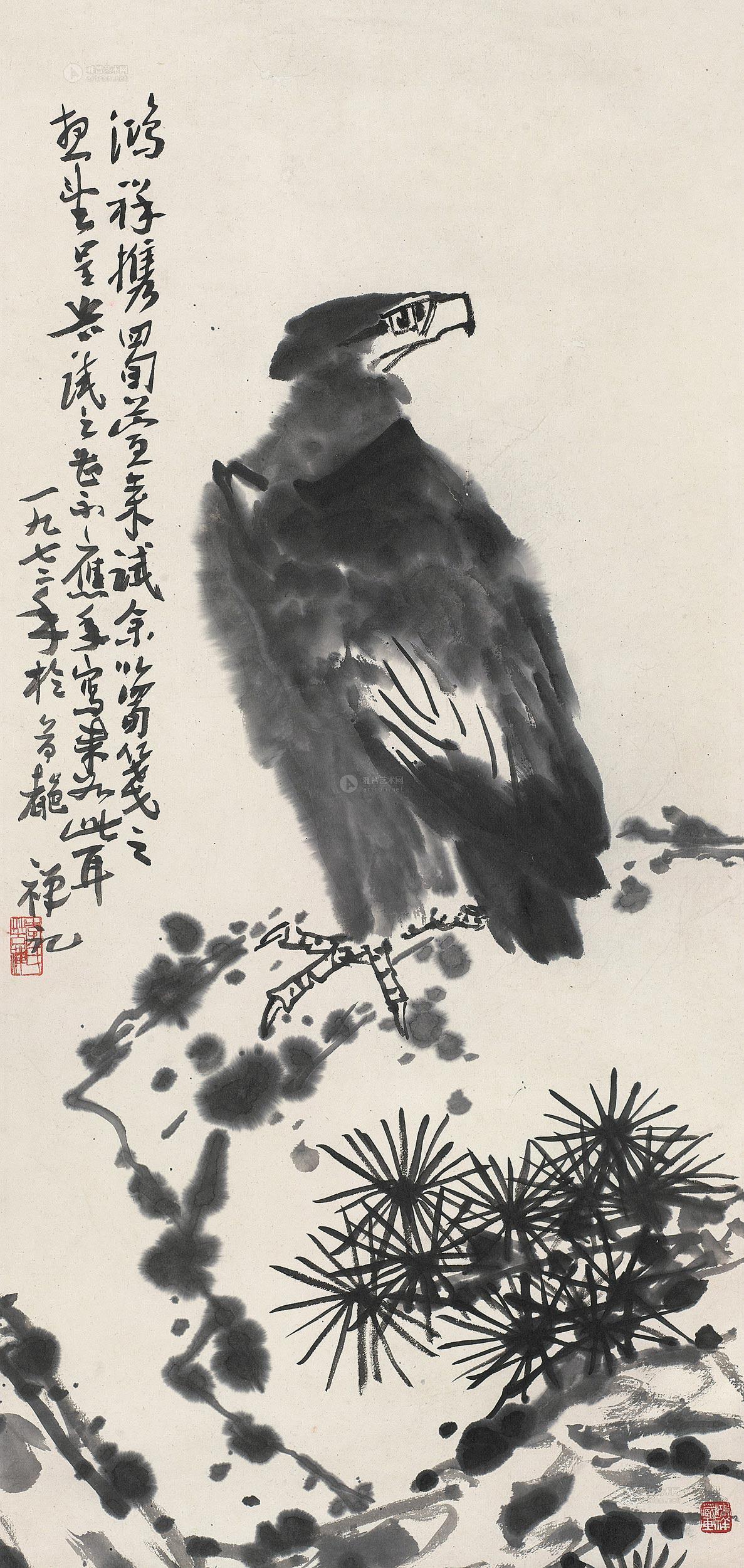 李苦禅 1972年作 鹰 立轴