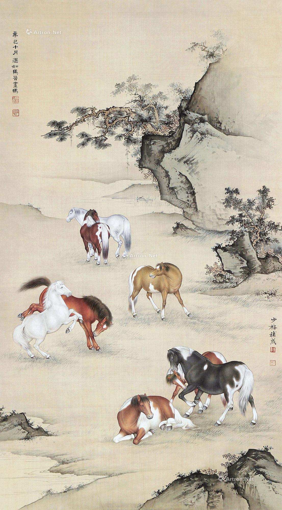 0439八骏图立轴绢本