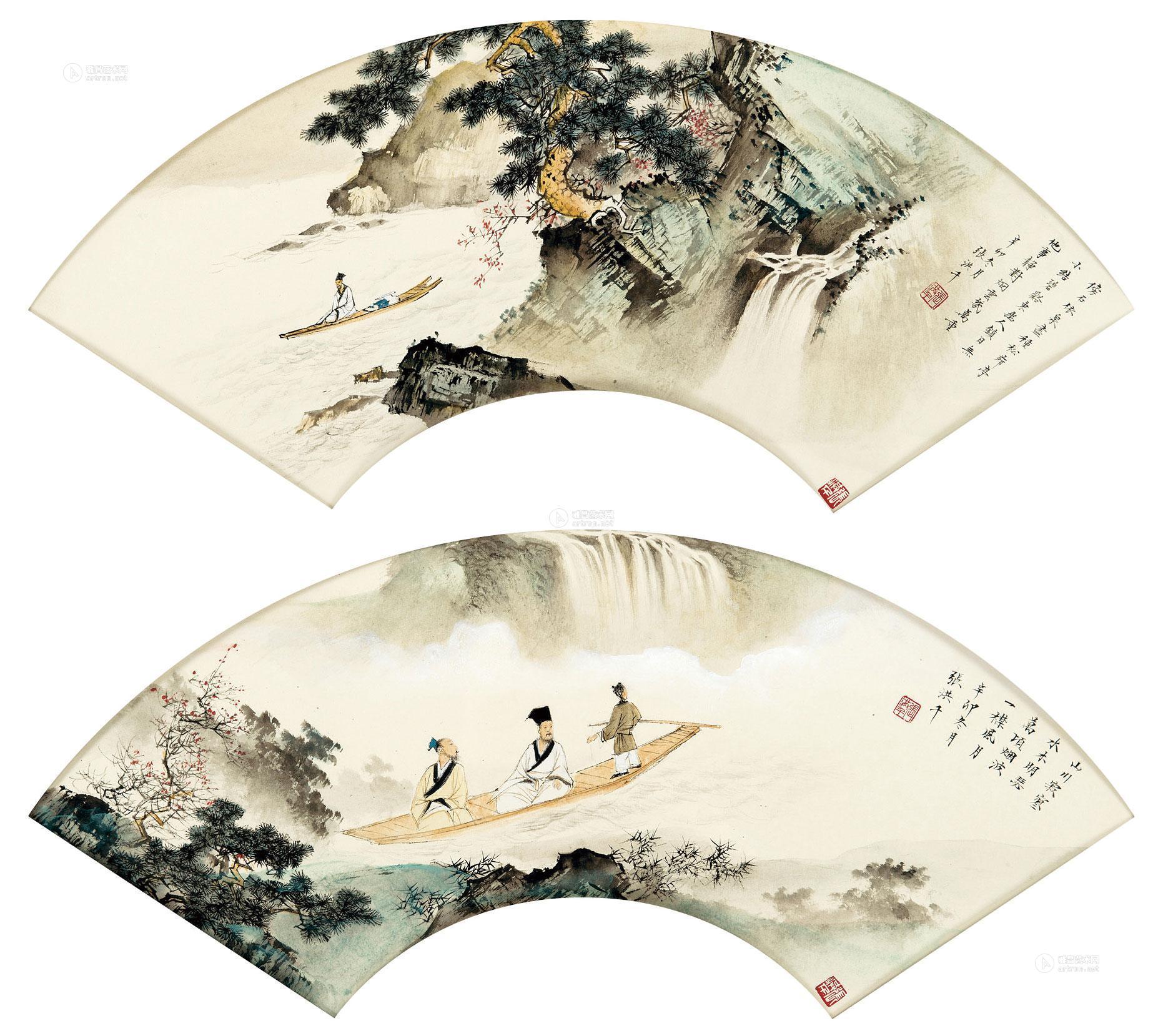 0609松下泛舟图扇面镜心设色纸本