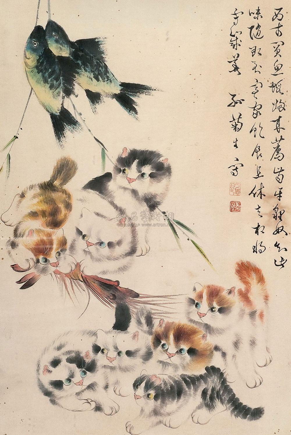 孙菊生 猫趣图 镜心