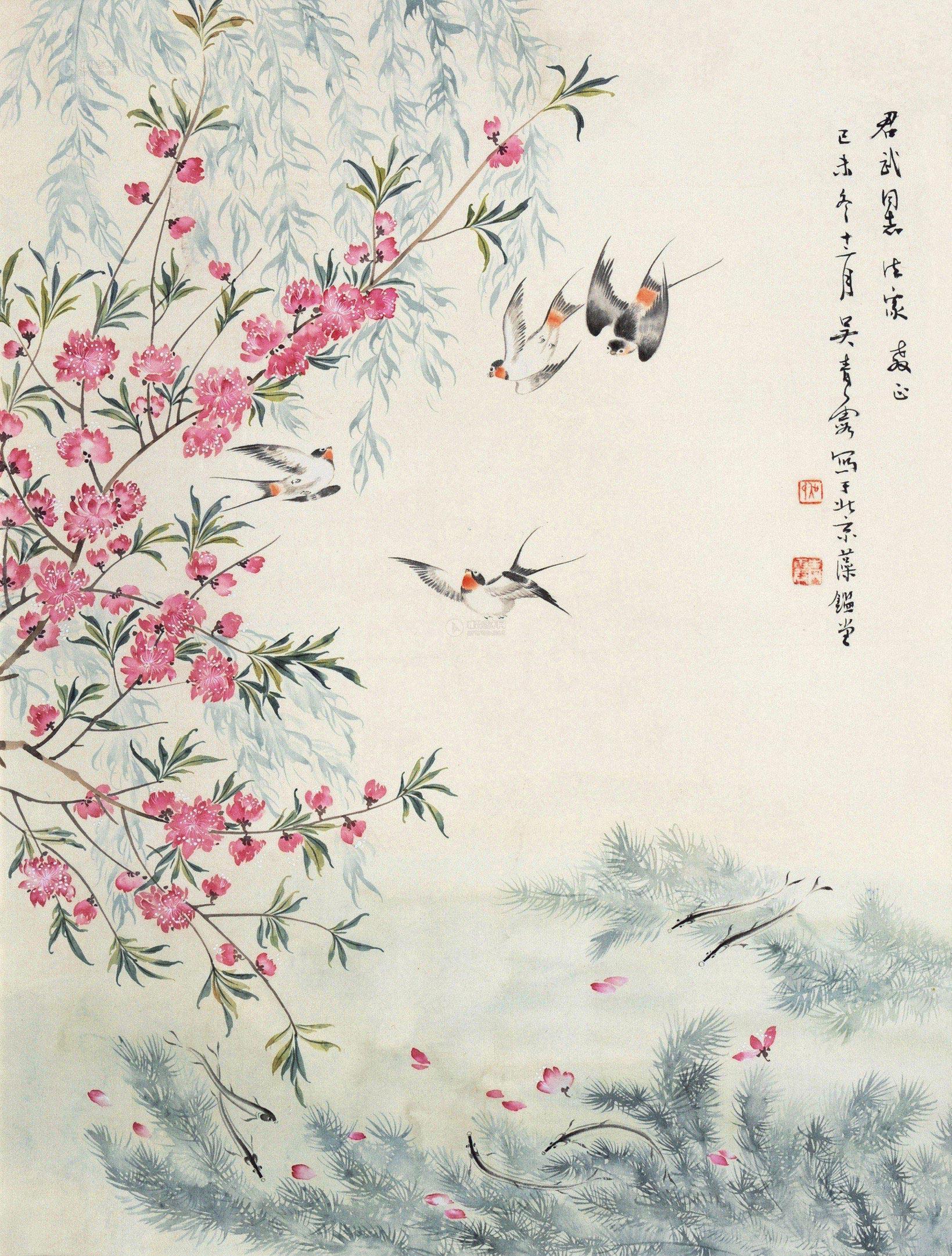 吴青霞 1979年作 桃柳飞燕图 立轴