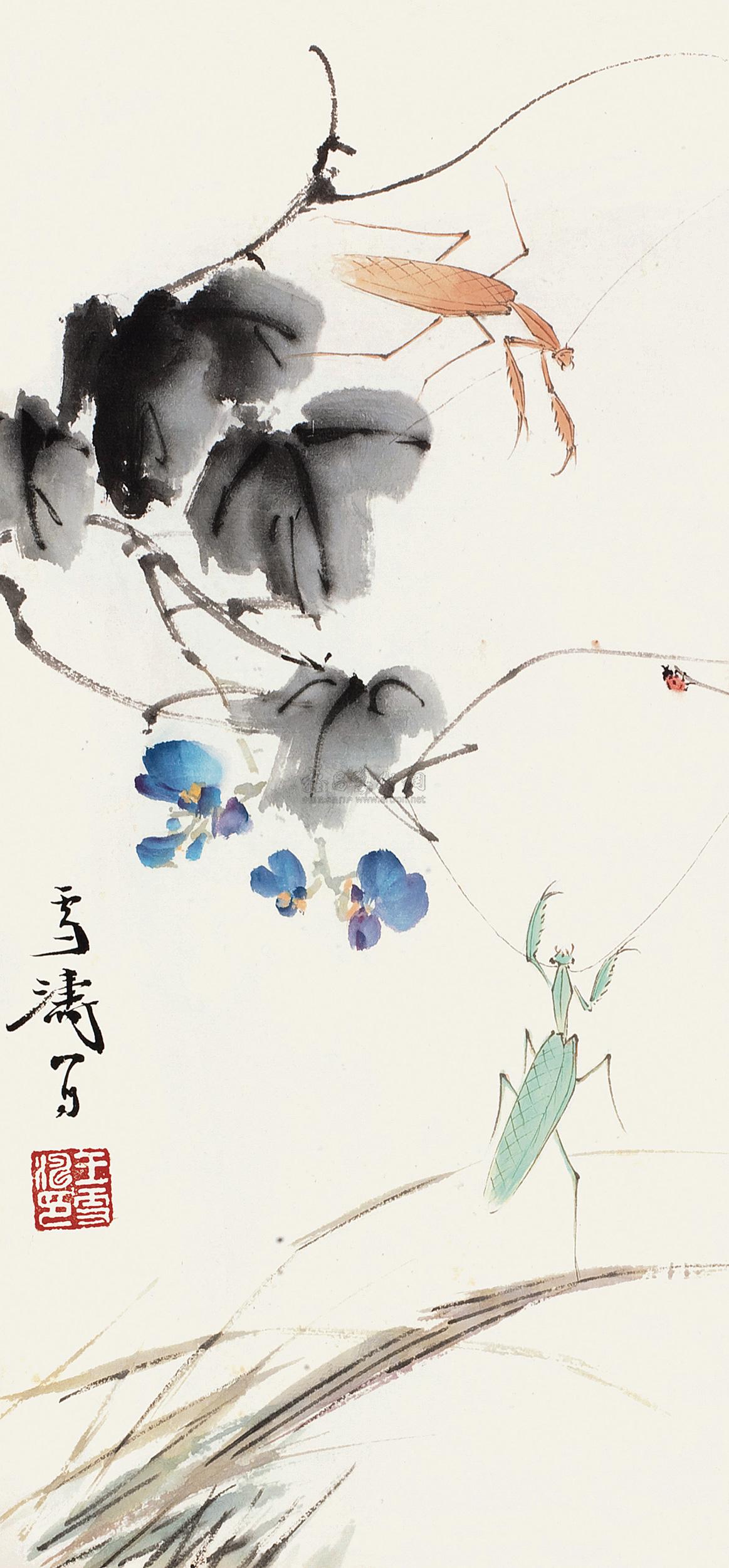 王雪涛 螳螂 镜心