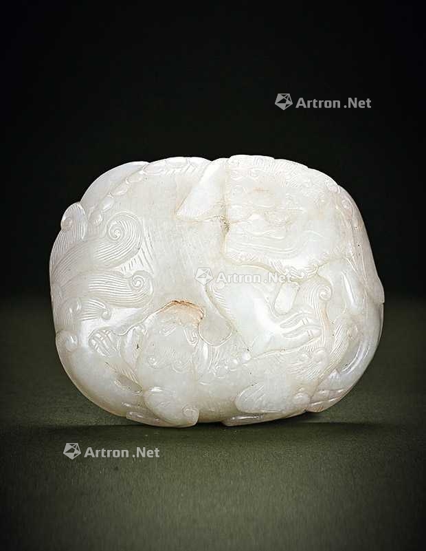 清 白玉雕太狮小狮带扣