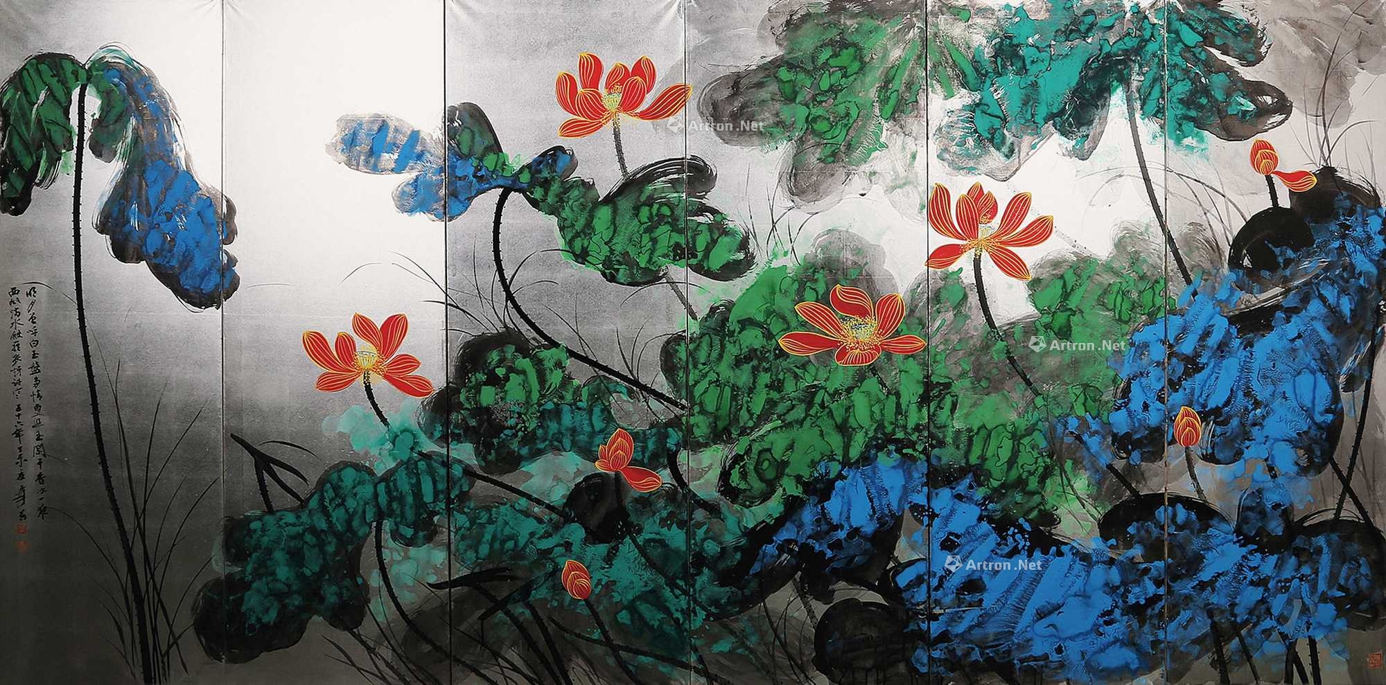 张大千 荷花通景六屏 屏风
