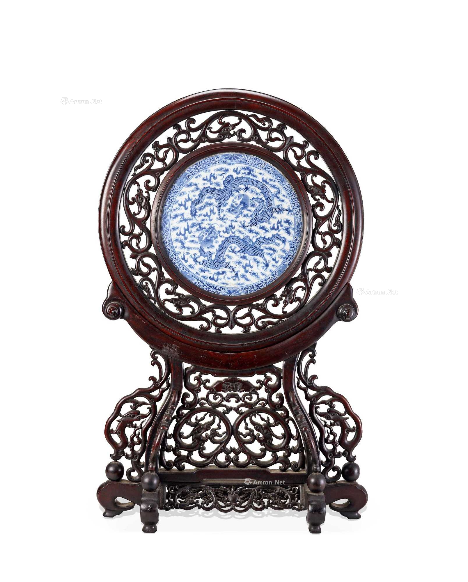 清光绪 青花双龙戏珠大插屏