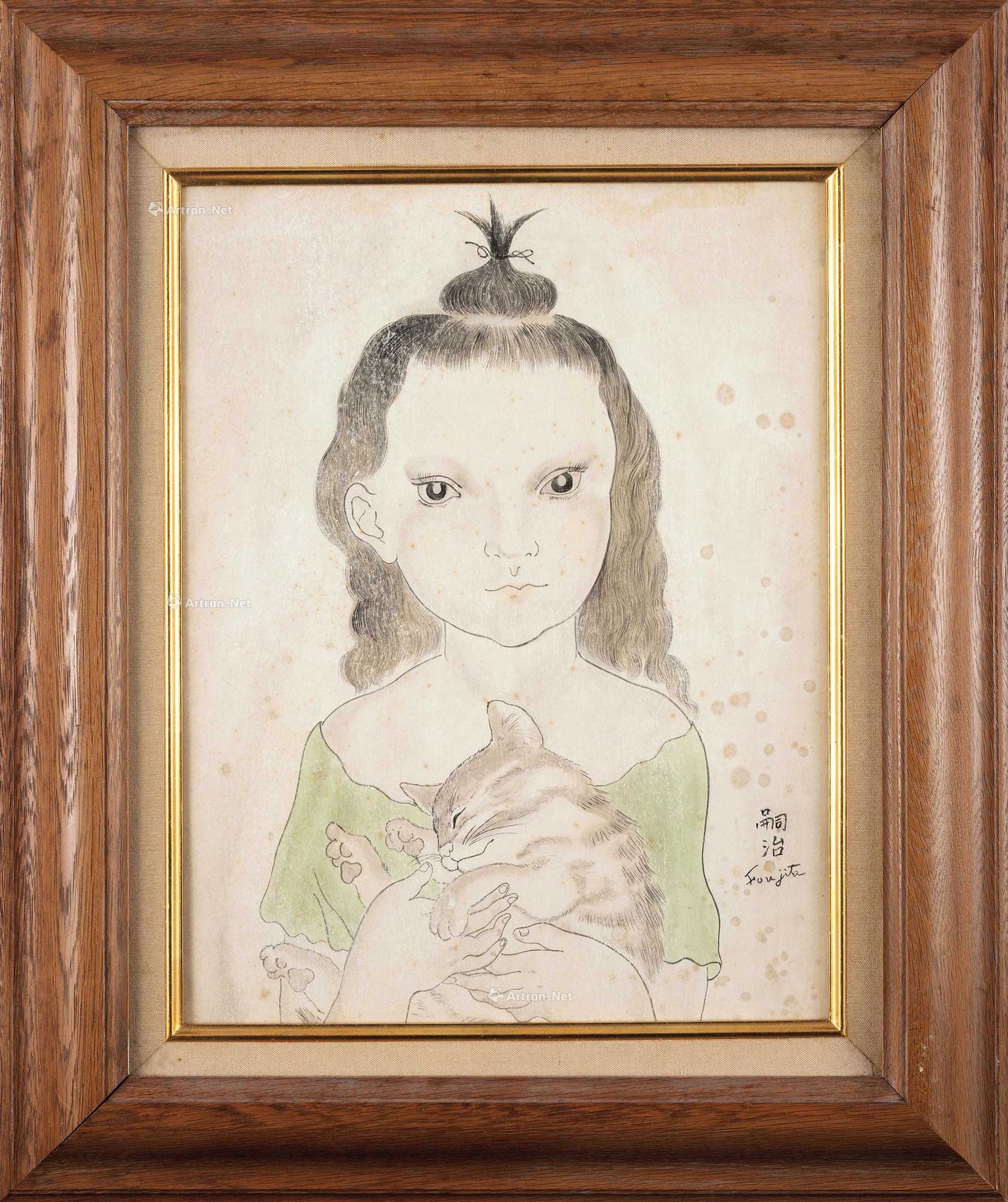 藤田嗣治 猫和少女 镜框