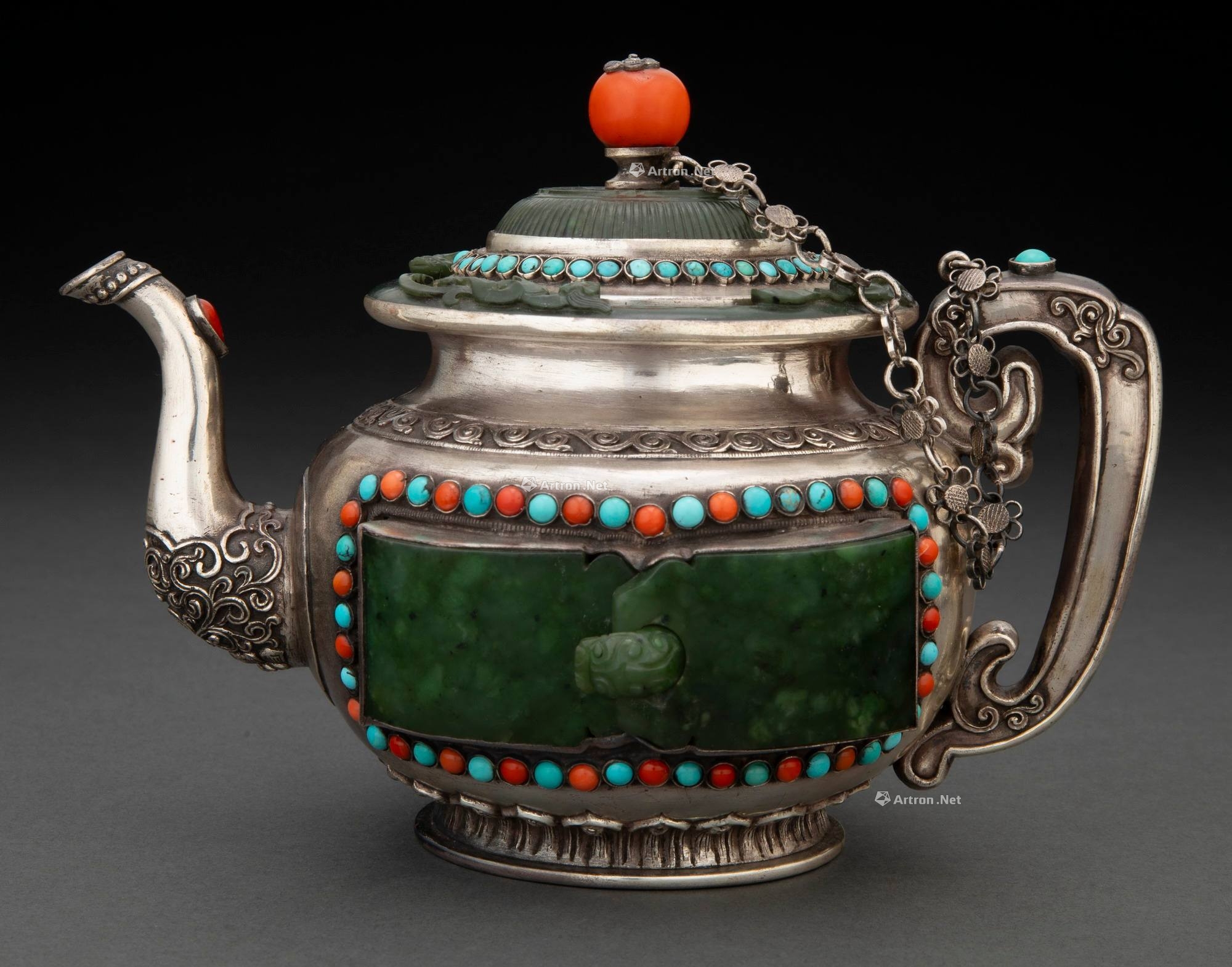 蒙古嵌松石碧玉银壶