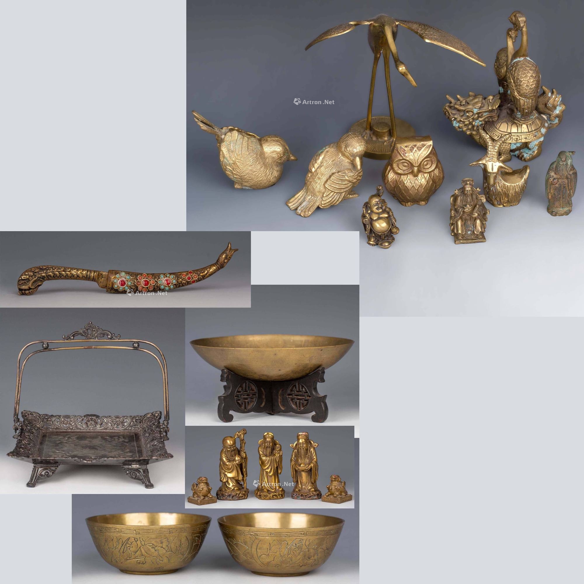 铜 银 器物一组 铜福禄寿铜狮一对,铜饰品一组